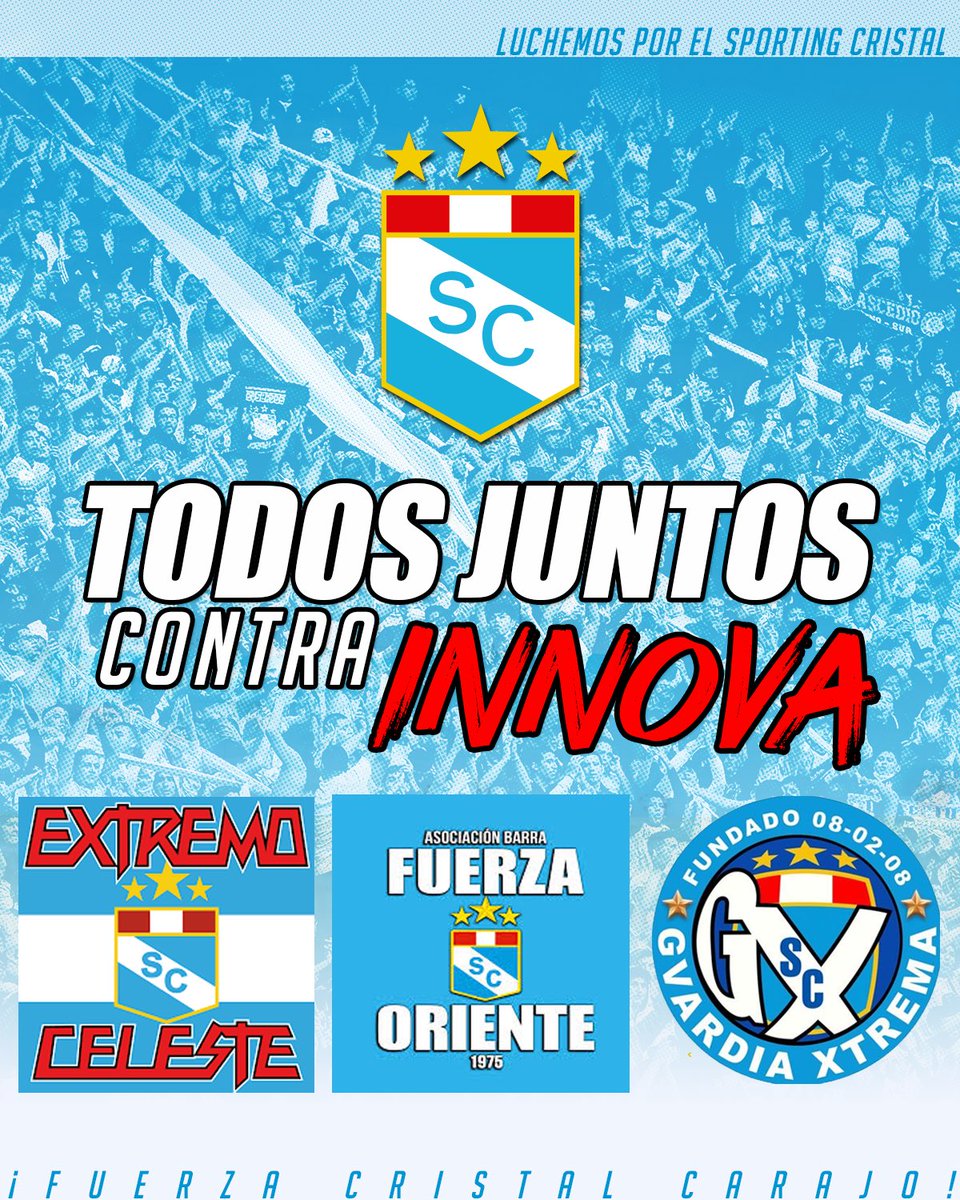¡SOLO UN PUEBLO CELESTE UNIDO PUEDE SALVAR EL CLUB!
El Lunes 2 de Junio se desarrolló una reunión a la que asistieron los líderes de las barras organizadas del club Sporting Cristal (Extremo Celeste, Fuerza Oriente y Gvardia Xtrema) de igual modo se invitó a las barras