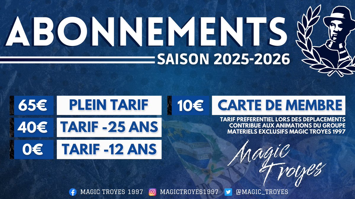 🎟Abonnements 2025/2026

‼️Les tarifs suivants sont valables jusqu’au 1er juillet! Ensuite les tarifs augmenteront‼️

Pour réaliser votre abonnement 👇🏻

✉️Documents à transmettre: 
      - Vos coordonnées personnelles 
      - RIB 
      - Piece d’identité