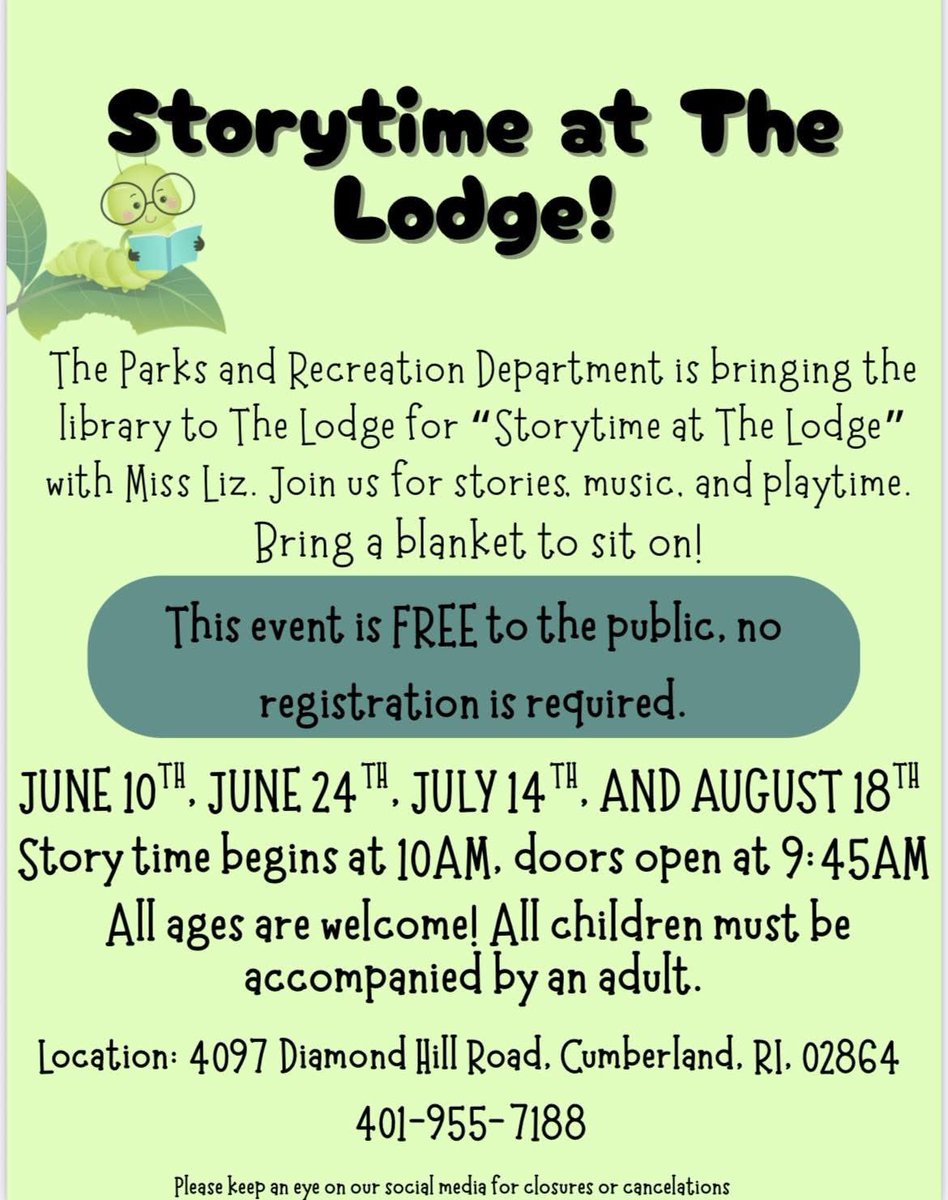 Mayor Jeff Mutter (@cumberlandmayor) on Twitter photo π Looking for free, fun, & interactive summer activities for the kids? Join us for Storytime with Miss Liz from <a href="/Cumberlib/">Cumberland Public Library</a> at The Lodge at Diamond Hill! π
π June 10, June 24, July 14, Aug 18
β
Free & no registration needed
π€ Thanks to our amazing community partners! π Looking for free, fun, & interactive summer activities for the kids? Join us for Storytime with Miss Liz from <a href="/Cumberlib/">Cumberland Public Library</a> at The Lodge at Diamond Hill! π
π June 10, June 24, July 14, Aug 18
β
Free & no registration needed
π€ Thanks to our amazing community partners!