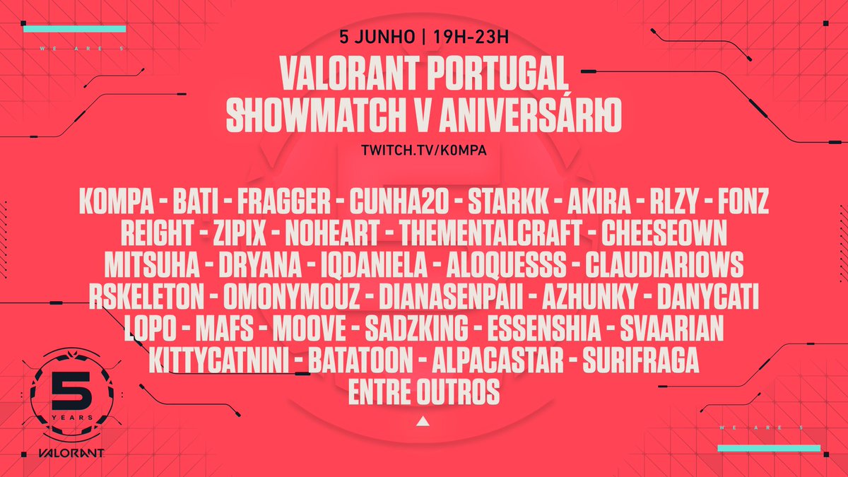 Não podia deixar de haver SHOWMATCH neste V Aniversário do VALORANT!🎉

Temos mais de 30 convidados, de Bronze a Radiant, novos criadores de conteúdo, jogadores, muita boa disposição e competitividade! Contamos contigo?! 
 
📅 5 de junho, quinta-feira
🕖 19h-23h
📺 Stream do