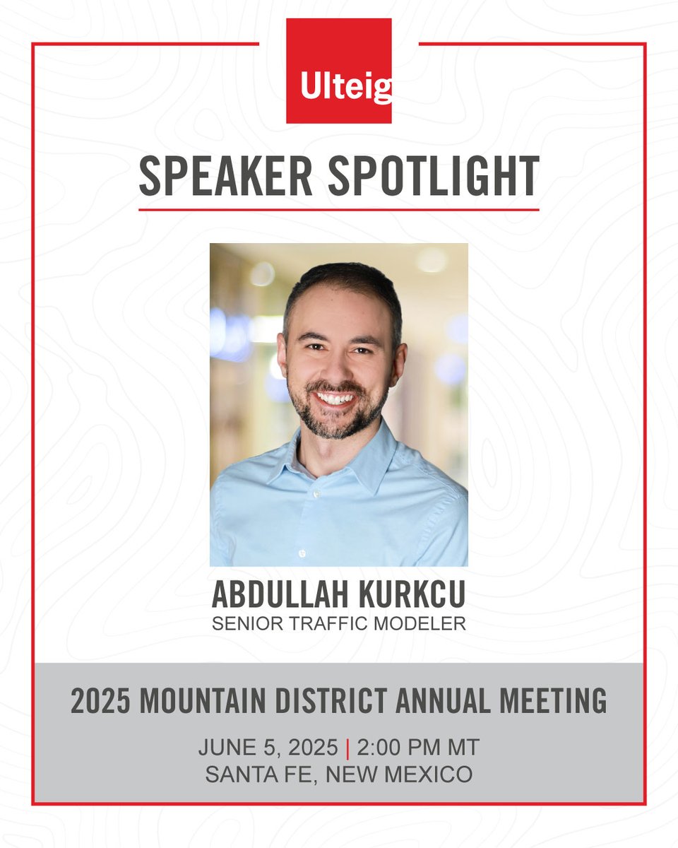 Ulteig’s Abdullah Kurkcu, Senior Traffic Modeler, will present at the 2025 Mountain District Annual Meeting on 6/5 in Santa Fe.

Topic: “Technology Meets Safety: Advancing Traffic Solutions in Rural Mountain Communities”

ulteig.com/events/?utm_so…

#TrafficSafety #Ulteig #MDITE