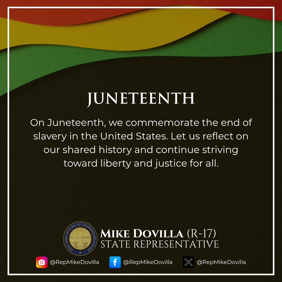 RepMikeDovilla's tweet image. Today we reflect on Juneteenth—the end of slavery and a continued call for liberty and justice for all.
#Juneteenth #FreedomDay