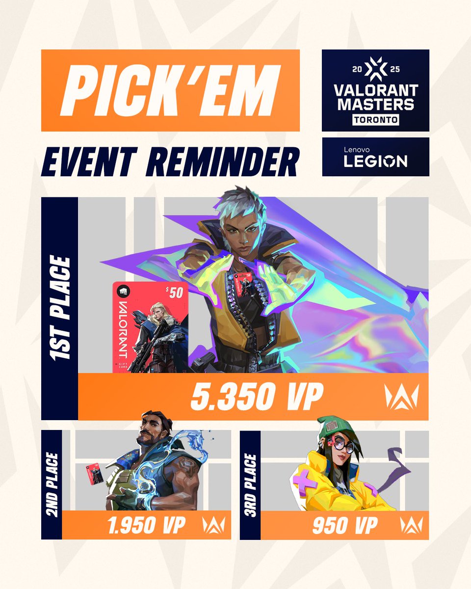 𝐑𝐄𝐌𝐈𝐍𝐃𝐄𝐑 🔮
Are you a Valorant esports expert? Take part in the FREE Dynasty x Lenovo Legion PICK'EM event and you could win 5,350 VP! 🥇#VALORANTmasters 

✏️Submit your PICK'EM now - dynasty.pickems.app/valorant-maste…