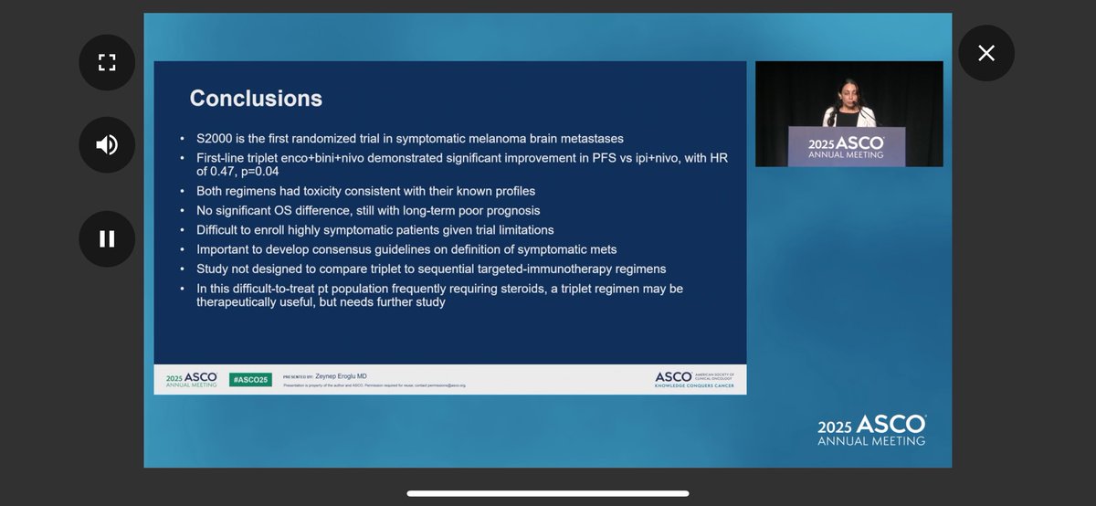#ASCO25 #melanomaorals
 Upfront Encorafenib/Binimetinib with Nivo has a PFS benefit compared to Ipi/Nivo for patients with symptomatic BRAF mutant metastatic melanoma with Brain mets. No significant differences in OS