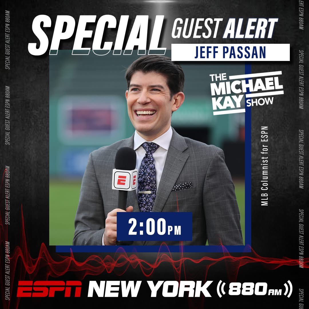 ESPN New York (@espnnewyork) on Twitter photo SPECIAL GUEST ALERT!
TODAY at 2:00PM on The <a href="/RealMichaelKay/">Michael Kay</a> Show:
<a href="/JeffPassan/">Jeff Passan</a> joins the program to discuss all things MLB!
LISTEN HERE: bit.ly/ListenESPNNY, on <a href="/880ESPNNewYork/">880AM ESPN New York</a>, 101.1FM HD 2 or on the <a href="/ESPNNewYork/">ESPN New York</a> App!
DOWNLOAD THE APP HERE: goodkarma.qrd.by/espnny-app SPECIAL GUEST ALERT!
TODAY at 2:00PM on The <a href="/RealMichaelKay/">Michael Kay</a> Show:
<a href="/JeffPassan/">Jeff Passan</a> joins the program to discuss all things MLB!
LISTEN HERE: bit.ly/ListenESPNNY, on <a href="/880ESPNNewYork/">880AM ESPN New York</a>, 101.1FM HD 2 or on the <a href="/ESPNNewYork/">ESPN New York</a> App!
DOWNLOAD THE APP HERE: goodkarma.qrd.by/espnny-app