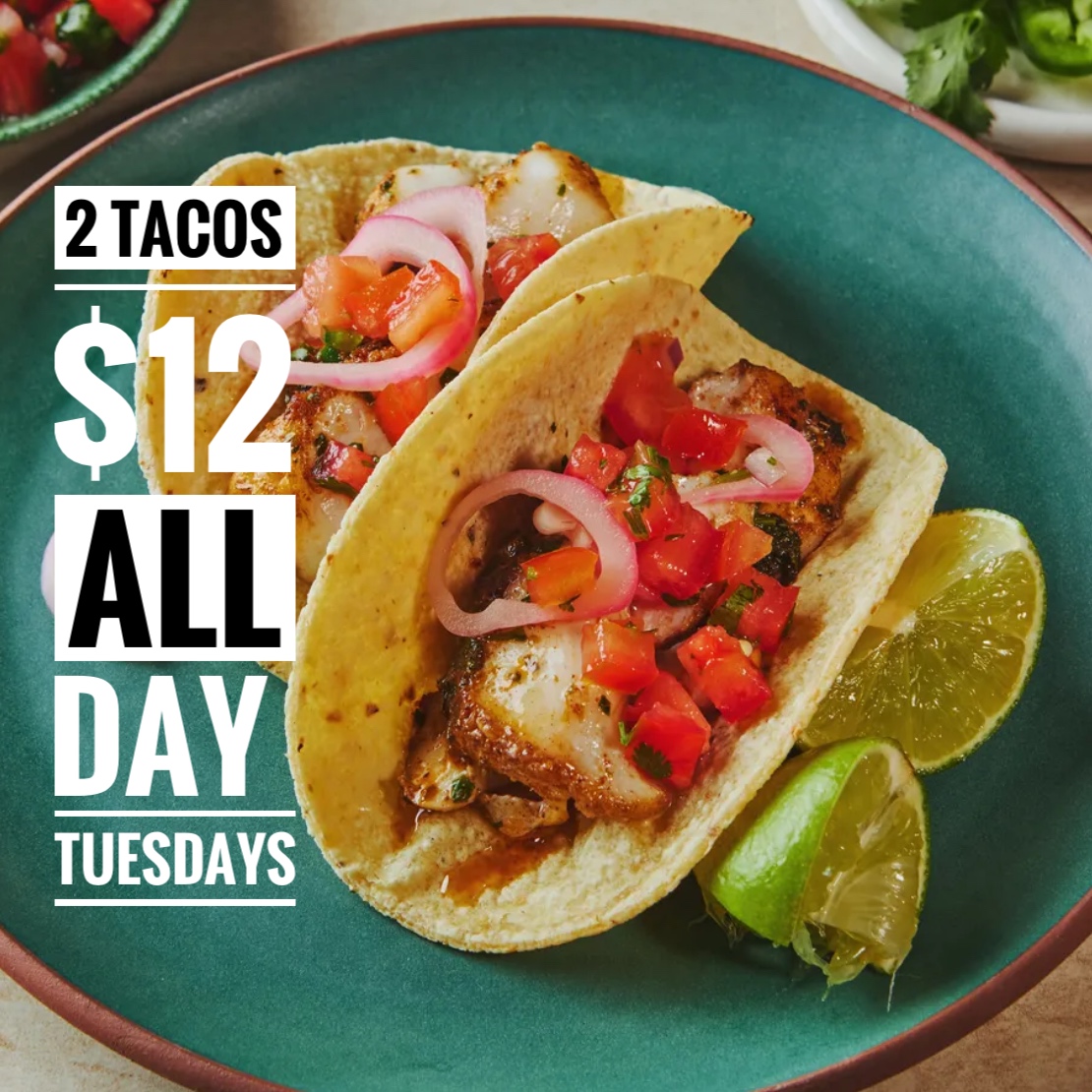 Taco Tuesday just got tastier! 🌮✨  
Enjoy 2 tacos for only $12 and sip on $10 margaritas all night long. Cheers to good vibes and great deals! 🥳🍹 #TacoTuesday #MargaritaMagic