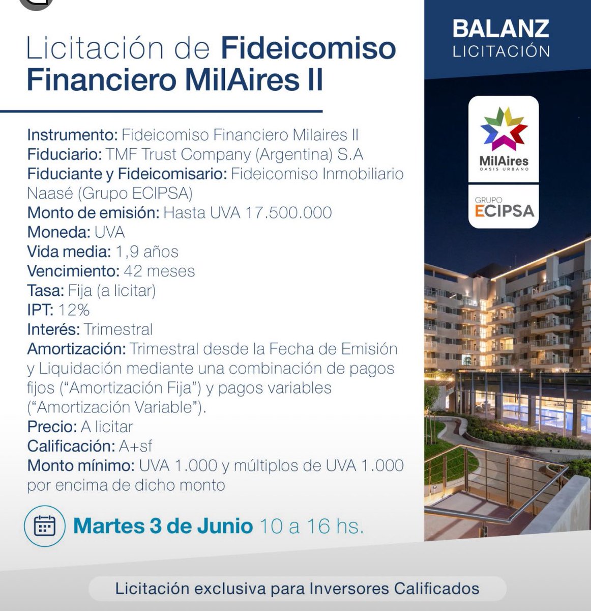 ECIPSA coloca 17.500.000 UVAS en el mercado. De su fideicomiso MILAIRES de DevotoS

Qué tasa le pagarán? Los escucho.

Soy hoy aprox USD 12.000.000