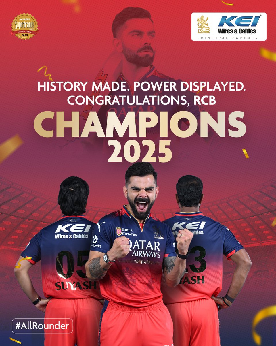 keicable's tweet photo. The trophy is finally home. π
Every stride a surge, every run a jolt of pure power! RCB isn't just winning, they're electrifying the league and climbing to the top! The charge for glory is ON!β₯οΈπ₯³
#AllRounders #SafetyInsideOut #MatchOfSafety #TataIPL #Cricket #KEI #RCB https://t.co/1Gnzr40h8n