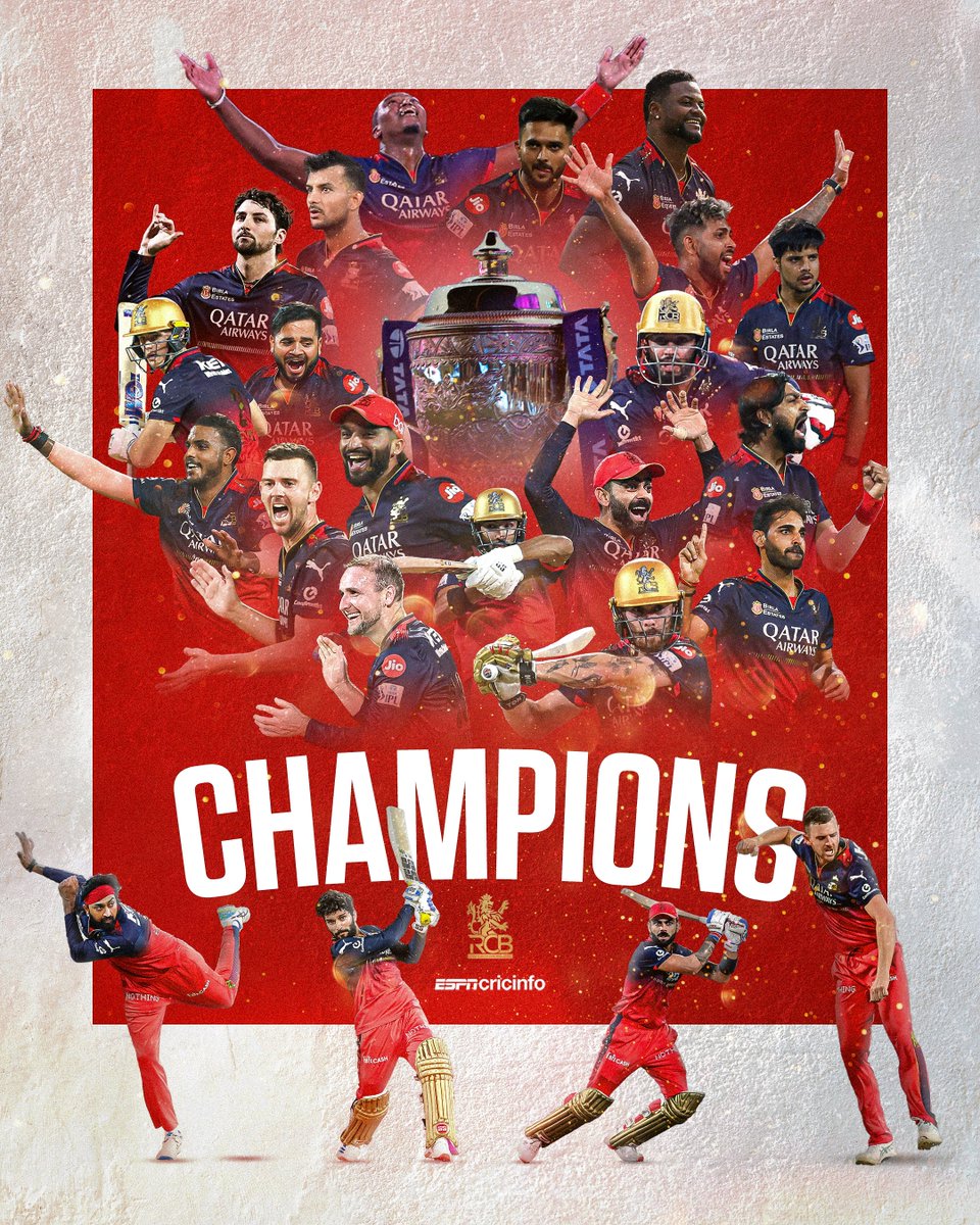 THE WAIT IS OVER 🏆

RCB ARE IPL CHAMPIONS FOR THE FIRST TIME!