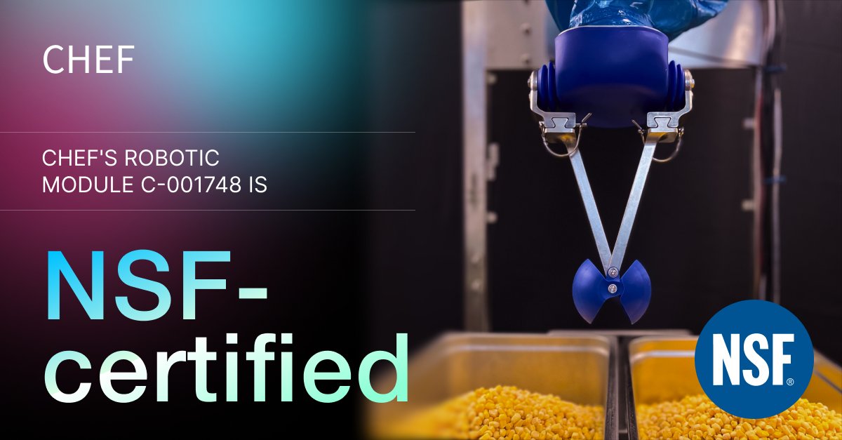 Rajat Bhageria (@rajatbhageria) on Twitter photo Big news - the <a href="/ChefRobotics/">Chef Robotics</a> robot is now NSF-certified!
This certification means that our robot is food-safe, sanitary, and easy to clean (all essential for food manufacturing equipment). Big news - the <a href="/ChefRobotics/">Chef Robotics</a> robot is now NSF-certified!
This certification means that our robot is food-safe, sanitary, and easy to clean (all essential for food manufacturing equipment).