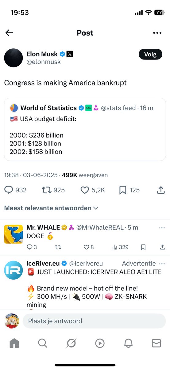 Aan de andere kant van de oceaan is er ook onvrede bij de rechtse populisten.

Musk neemt nadrukkelijk afstand van de economische plannen van de republikeinen. 🍿