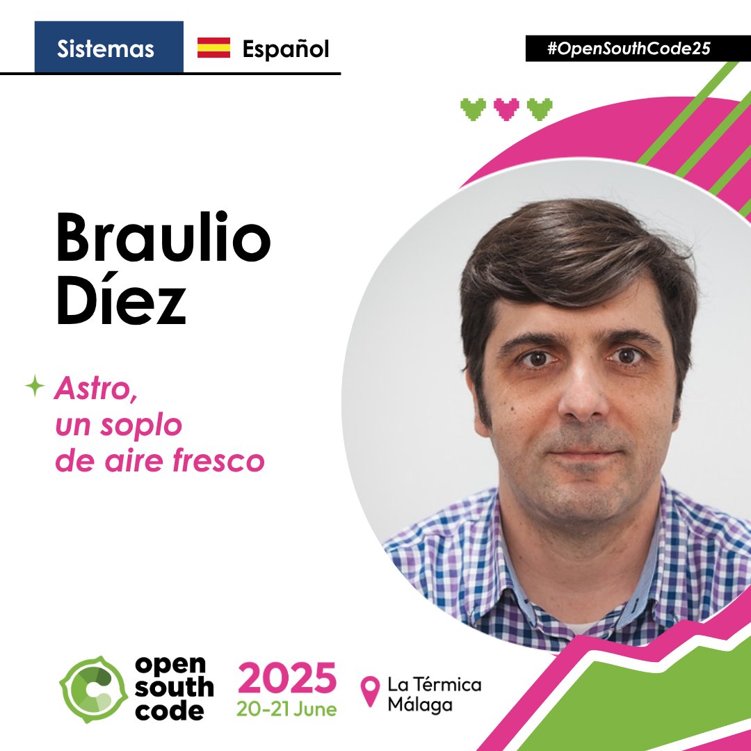 OpenSouthCode (@opensouthcode) on Twitter photo ✨ Astro, un soplo de aire fresco
con <a href="/braulio_sl/">Braulio Diez {🍋}</a> en #OpenSouthCode25
Un framework que no toma bandos: React, Vue, Solid... ¡los quiere a todos!
⚡ Sitios estáticos ultra rápidos
🧠 Islas interactivas
💨 Menos JS, más velocidad
opensouthcode.org/conferences/op… ✨ Astro, un soplo de aire fresco
con <a href="/braulio_sl/">Braulio Diez {🍋}</a> en #OpenSouthCode25
Un framework que no toma bandos: React, Vue, Solid... ¡los quiere a todos!
⚡ Sitios estáticos ultra rápidos
🧠 Islas interactivas
💨 Menos JS, más velocidad
opensouthcode.org/conferences/op…