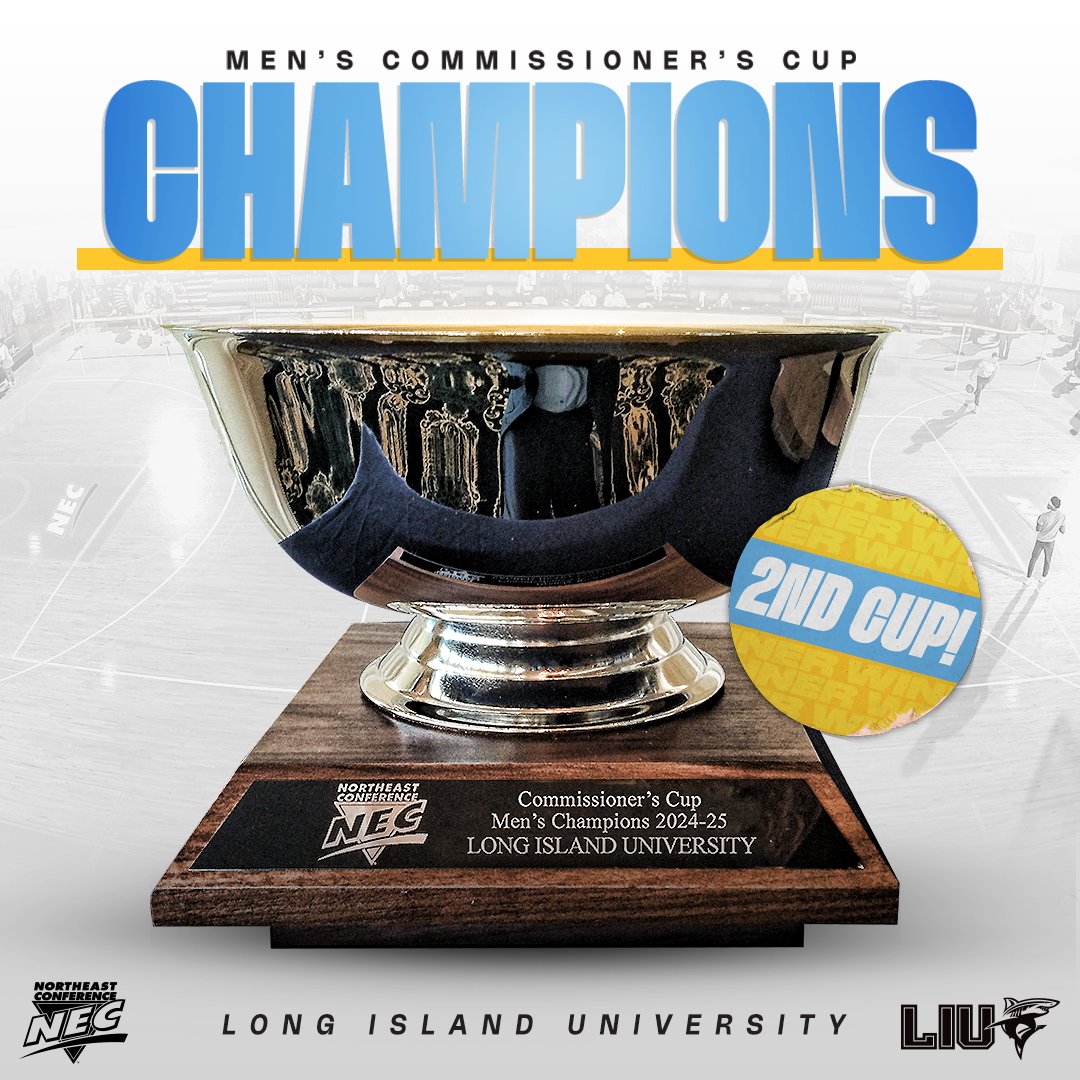 NECsports's tweet photo. 2️⃣0️⃣2️⃣4️⃣-2️⃣5️⃣ NEC Men's Commissioner's Cup FINAL Standings ⤵

🥇 @LIUAthletics - 97.01 *️⃣
🥈 @CCSUBlueDevils  - 87.44
🥉 @WagnerAthletics - 77.22

*️⃣ 2nd Men's Commissioner's Cup!

#NECPride x #OverallExcellence https://t.co/z9f6PM2Ner