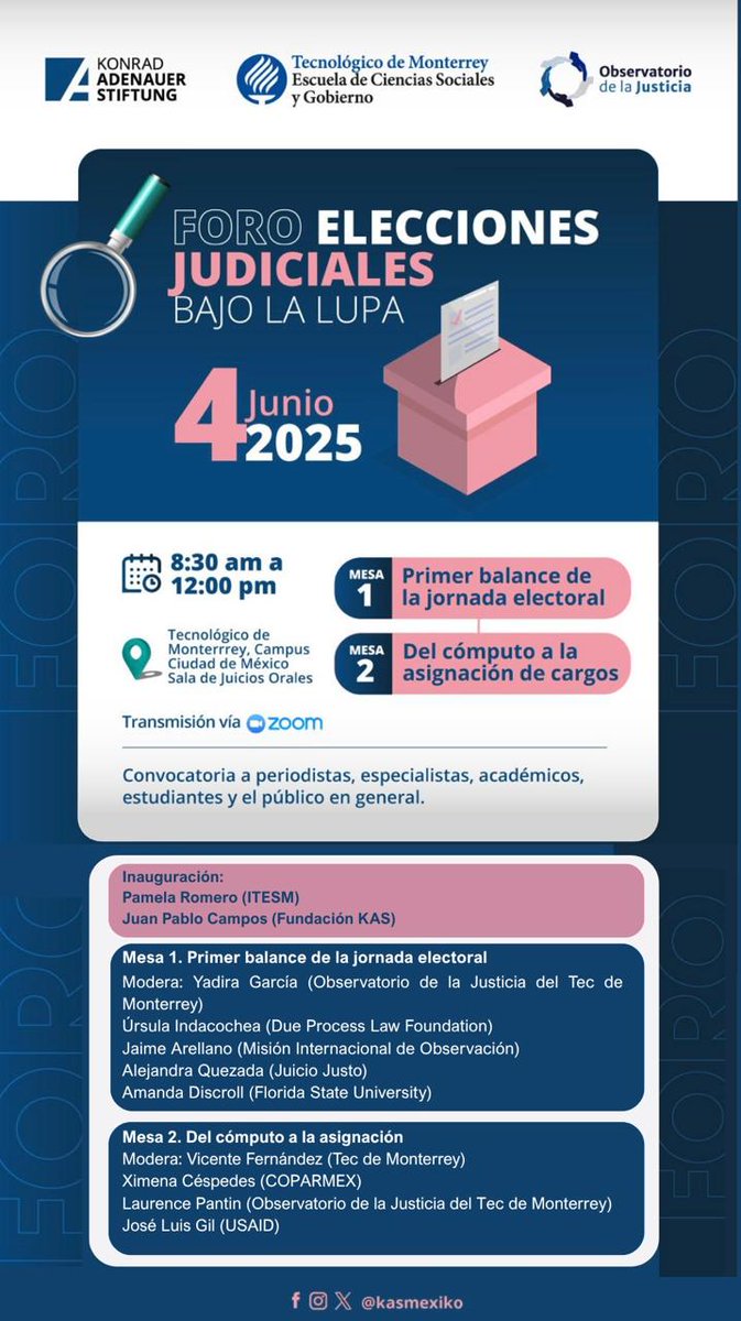 CSocialesTec (@csocialestec) on Twitter photo Acompáñanos en el primer foro de análisis sobre el proceso electoral judicial en México.
Organizado por nuestro Observatorio de la Justicia y <a href="/kasmexiko/">KAS_México</a>.
📅 4 de junio | 🕣 8:30 am – 12:00 pm
📍 <a href="/Tec_CCM/">Tec Ciudad de México</a>
💻 Transmisión por Zoom
Registro ow.ly/RCzh50W2V35
#SomosCSociales Acompáñanos en el primer foro de análisis sobre el proceso electoral judicial en México.
Organizado por nuestro Observatorio de la Justicia y <a href="/kasmexiko/">KAS_México</a>.
📅 4 de junio | 🕣 8:30 am – 12:00 pm
📍 <a href="/Tec_CCM/">Tec Ciudad de México</a>
💻 Transmisión por Zoom
Registro ow.ly/RCzh50W2V35
#SomosCSociales