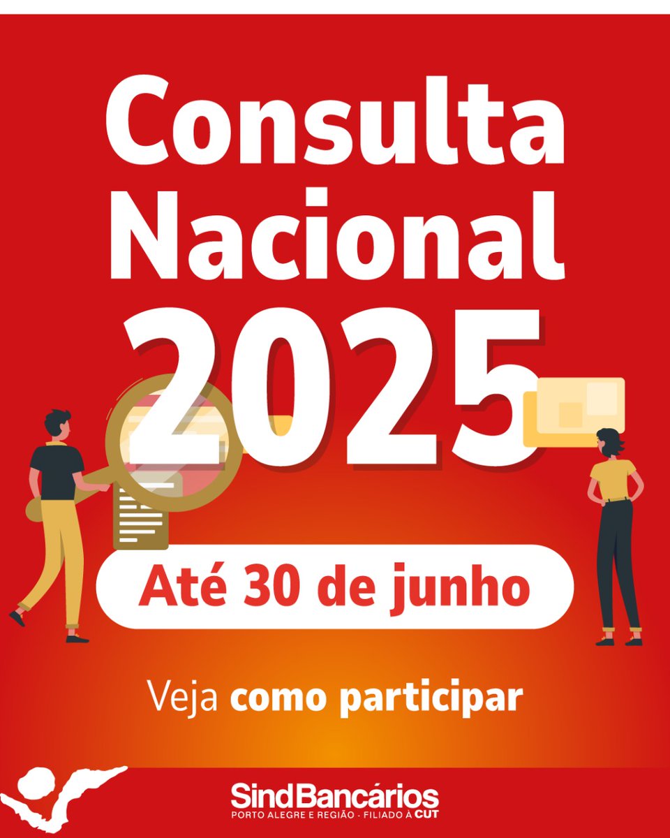 Bancário, participe da Consulta Nacional 2025! O link já está disponível. O objetivo é conhecer o perfil da categoria. É rápido e fácil. Leva menos de 5min, são perguntas de múltiplas escolhas e o trabalhador não precisa se identificar. consultabancarios2025.votabem.com.br