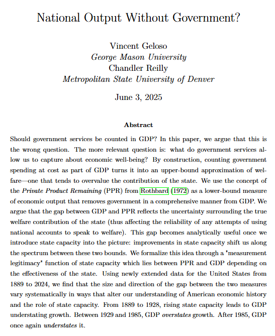 Vincent Geloso (@vincentgeloso) on Twitter photo Coming out later today or tomorrow, my paper with <a href="/ChandlerReilly/">Chandler Reilly</a>. We're putting the finishing touches.
It makes the claim that Murray Rothbard's concept of PPR can be used as a complement to GDP because it allows us to venture into how states contribute to economic growth. Coming out later today or tomorrow, my paper with <a href="/ChandlerReilly/">Chandler Reilly</a>. We're putting the finishing touches.
It makes the claim that Murray Rothbard's concept of PPR can be used as a complement to GDP because it allows us to venture into how states contribute to economic growth.