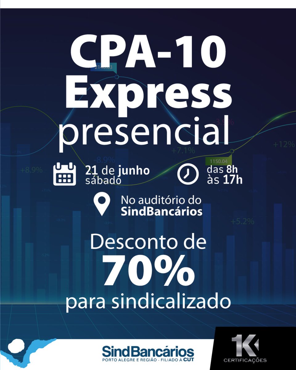 A 1K Certificações vai oferecer um curso de CPA-10 expresso no dia 21/06, presencialmente, no auditório do SindBancários. A pré-inscrição pode ser feita até o dia 6 de junho, por e-mail, para formacao@sindbancarios.org.br, informando nome completo, CPF, banco e se é associado.