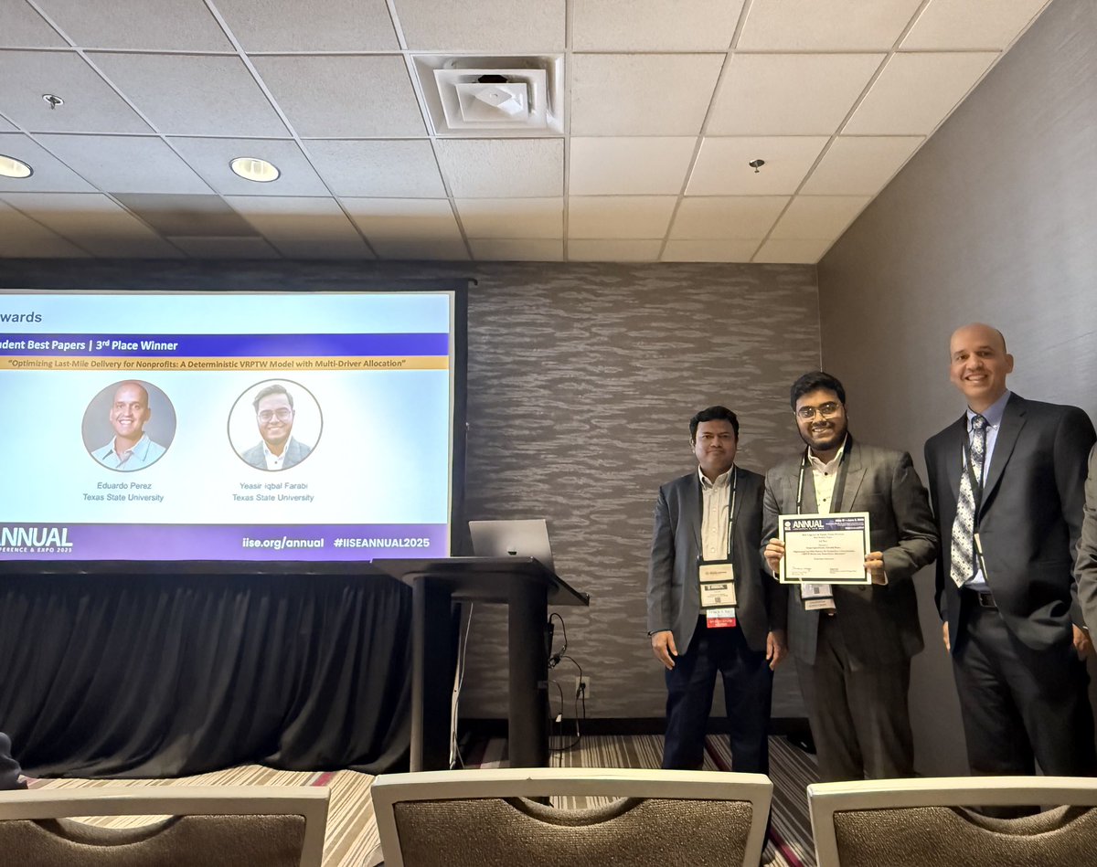 The <a href="/iisenet/">IISE</a> Annual Conference was a huge success. URA, Lauren Cravy, presented her paper beautifully, and graduate student, Md Yeasir Iqbal won 3rd place in the Supply Chain paper competition. I was also honored with the Teaching Award in Modeling and Simulation. <a href="/txst/">Texas State University</a> #IISE25