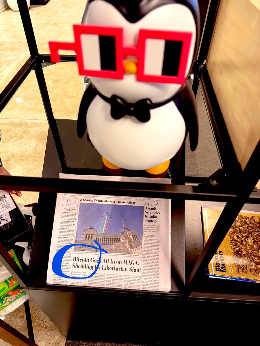 Bitcoin being “above the fold” in bold print on the front page of the WSJ is normal now.  Pretty amazing.  

Note the <a href="/pudgypenguins/">Pudgy Penguins</a> standing watchfully by.