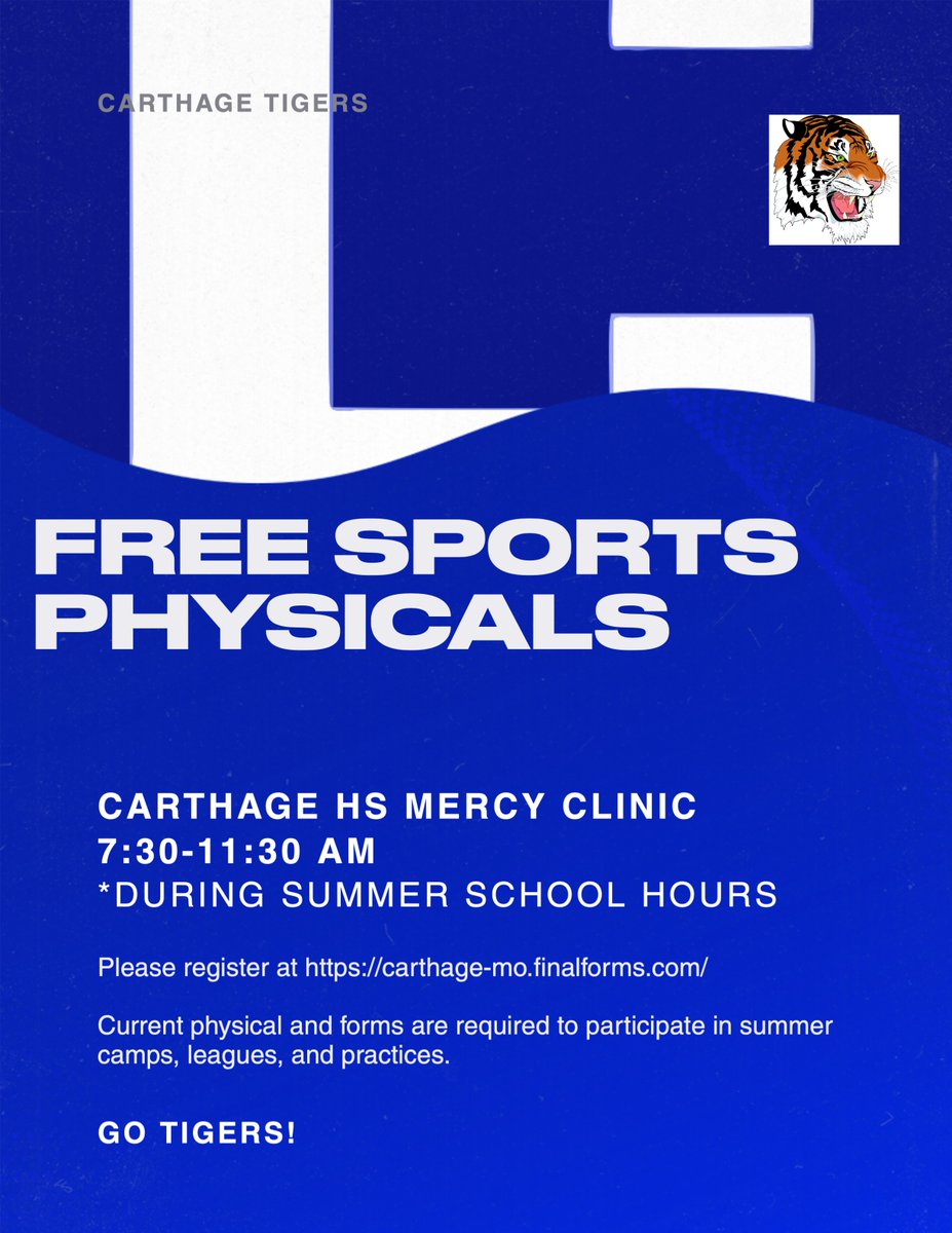 Free sports physicals for CHS and CJHS students during June at CHS Mercy Clinic during summer school hours. If not done already, get your Final Forms account set up to avoid delay in starting practices, camps, and league play this summer. Thank you to Mercy! Go Blue!