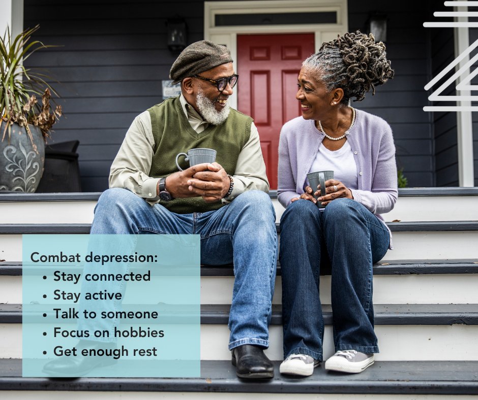 Tips to Combat Depression in Seniors

Depression is not a normal part of aging, but it can be common. If you or a loved one are feeling down, here are some tips to help improve mental well-being:
• Stay connected: Reach out to family and friends regularly.
• Stay active: