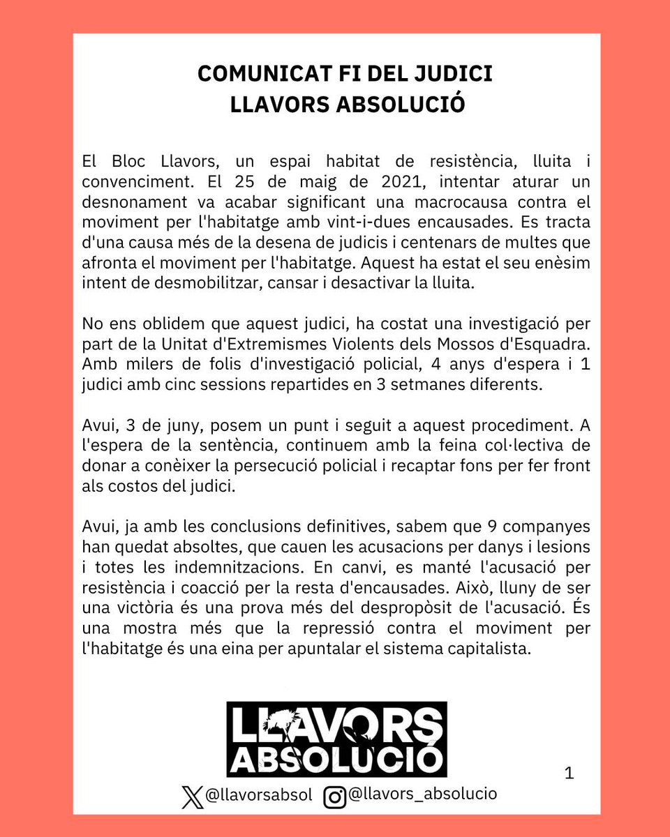 llavorsabsol's tweet image. Avui ha tingut lloc l'última sessió del judici de Llavors Absolució, la causa ha quedat vista per sentència. Encausades i grup de suport fem públic aquest comunicat!
Ells per diners, nosaltres per amor!
La repressió no s'atura, nosaltres tampoc!