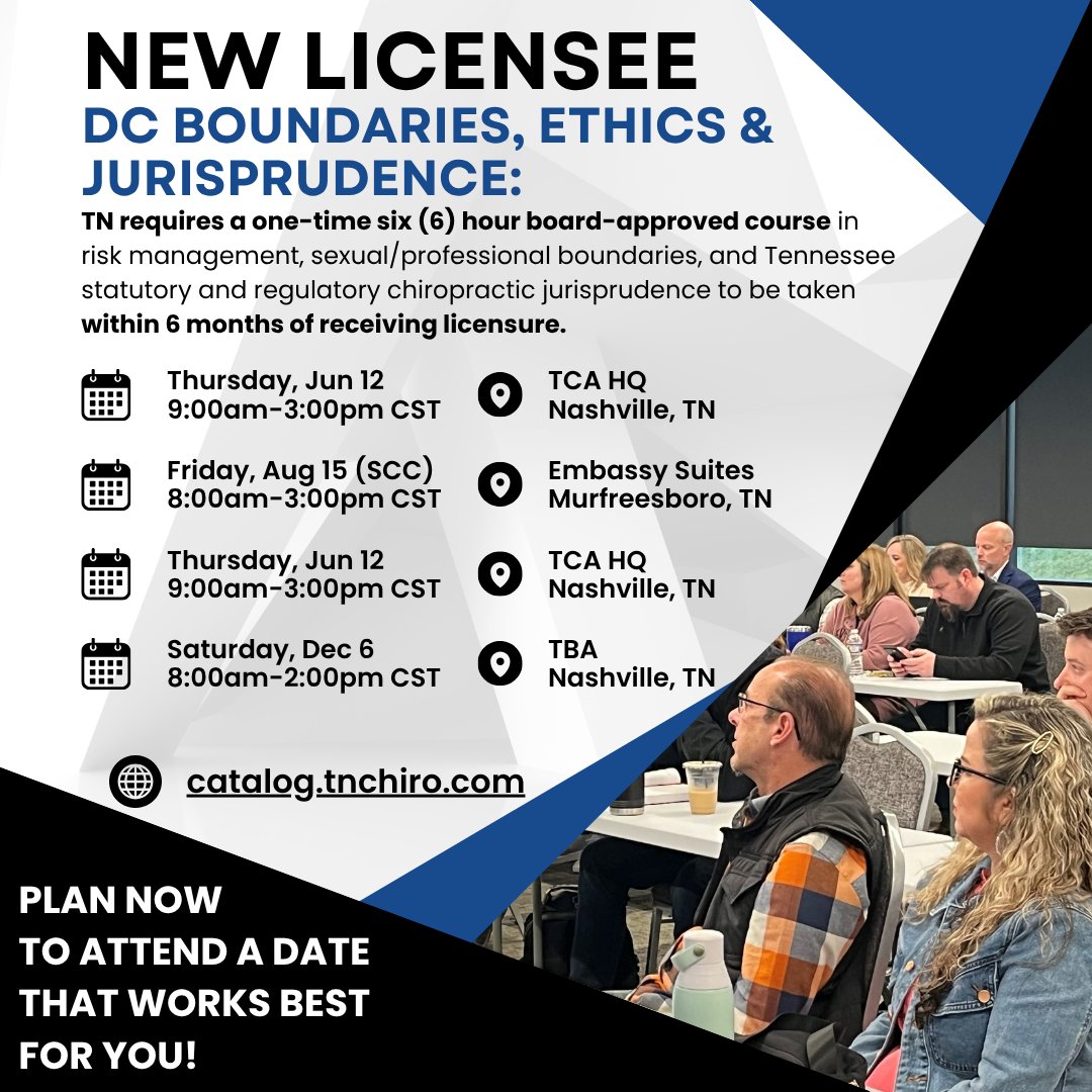 TCA is proud to offer the required 6-hr course for newly licensed DCs—giving you the tools to start strong. The course is held several times throughout the year to help ensure new DCs can attend in the required timeline. 💪 #tnchiro #poweredbychiropractic ow.ly/Wx2650W0YJU
