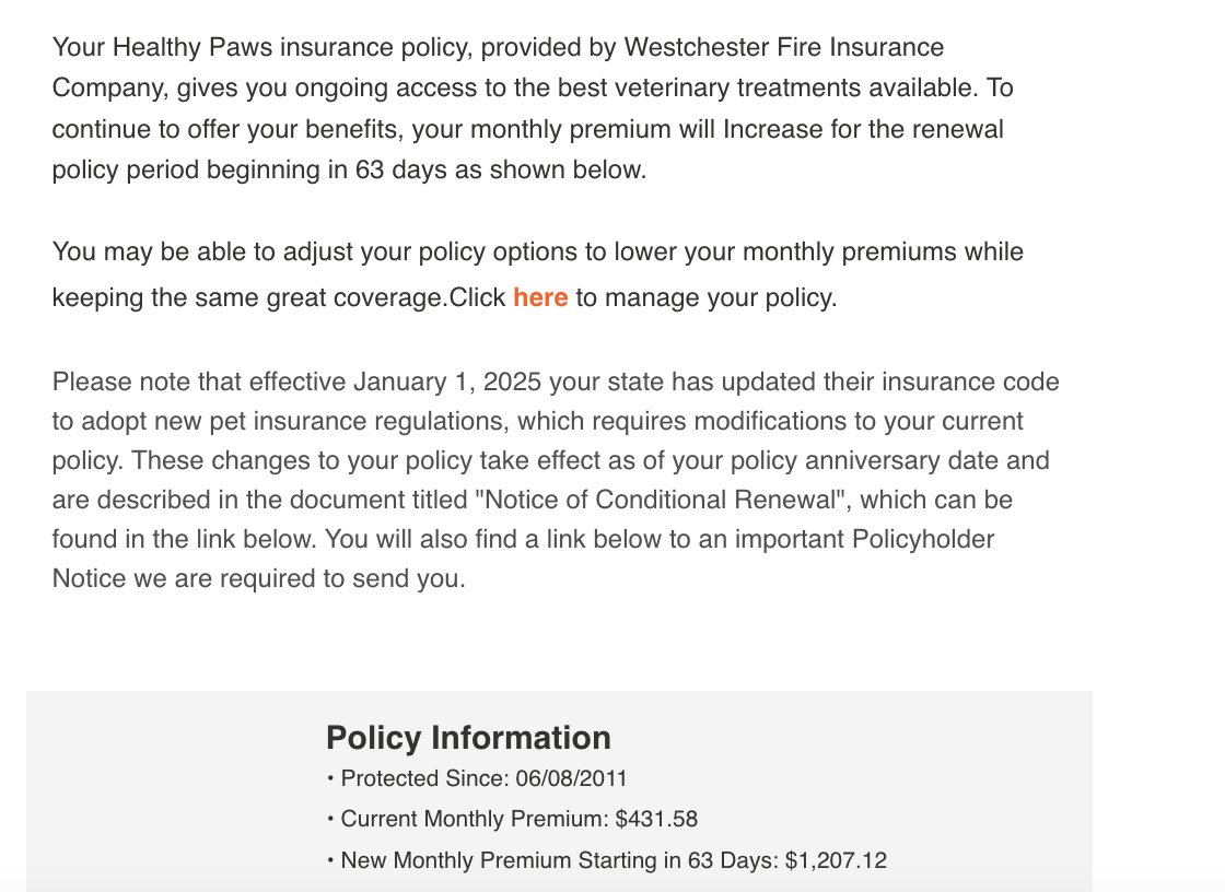 DLover1425's tweet photo. Reminder of @GoHealthyPaws 180% premium increase just this year alone, asking me to pay $776/month more to stay insured after 14 years. 572% increase in 4 years. Careful when your pet's age everyone. @Chubb https://t.co/dCVg1XllSP