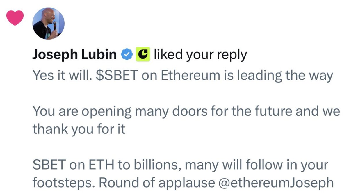 🚨JUST IN: Co founder of Ethereum liked a post on $SBET on $ETH to billions 👀