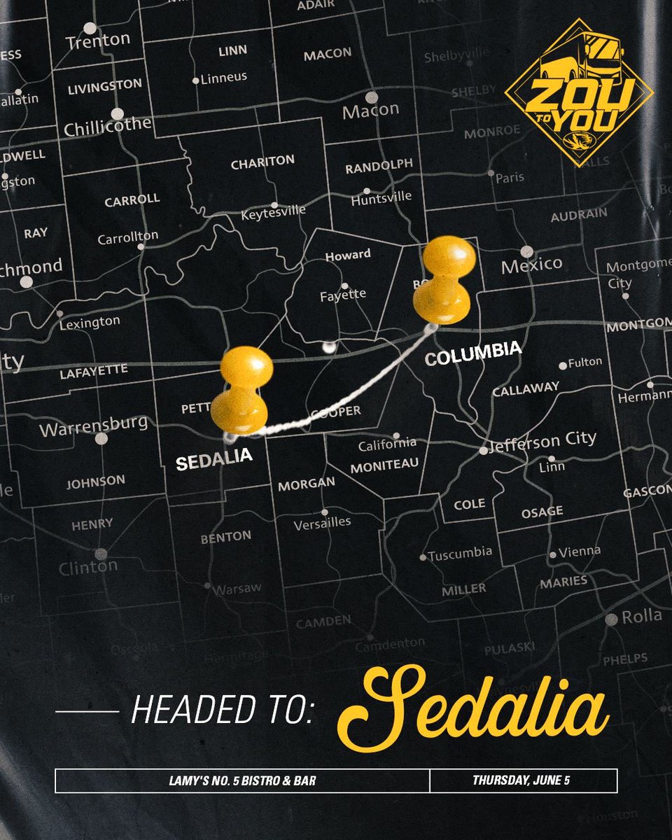 Nothing like repping the
ZOU across Missouri-June 5th it’s Sedalia’s turn at Lamy’s No. 5 Bistro. #ZOUtoYOU #MIZ