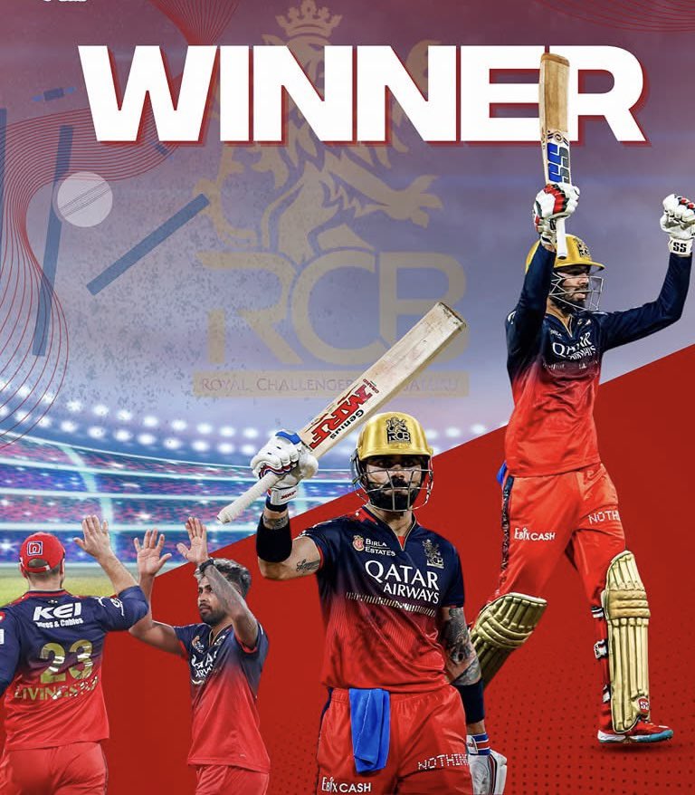 RCB WINS! 🔥
What a game! 💥 The Royal Challengers Bangalore have done it – pure passion, power, and performance on the field! 💪❤️💛
Ee Sala Cup Namde!
#RCB #RCBWin #PlayBold #VictoryCelebration #IPLFinals