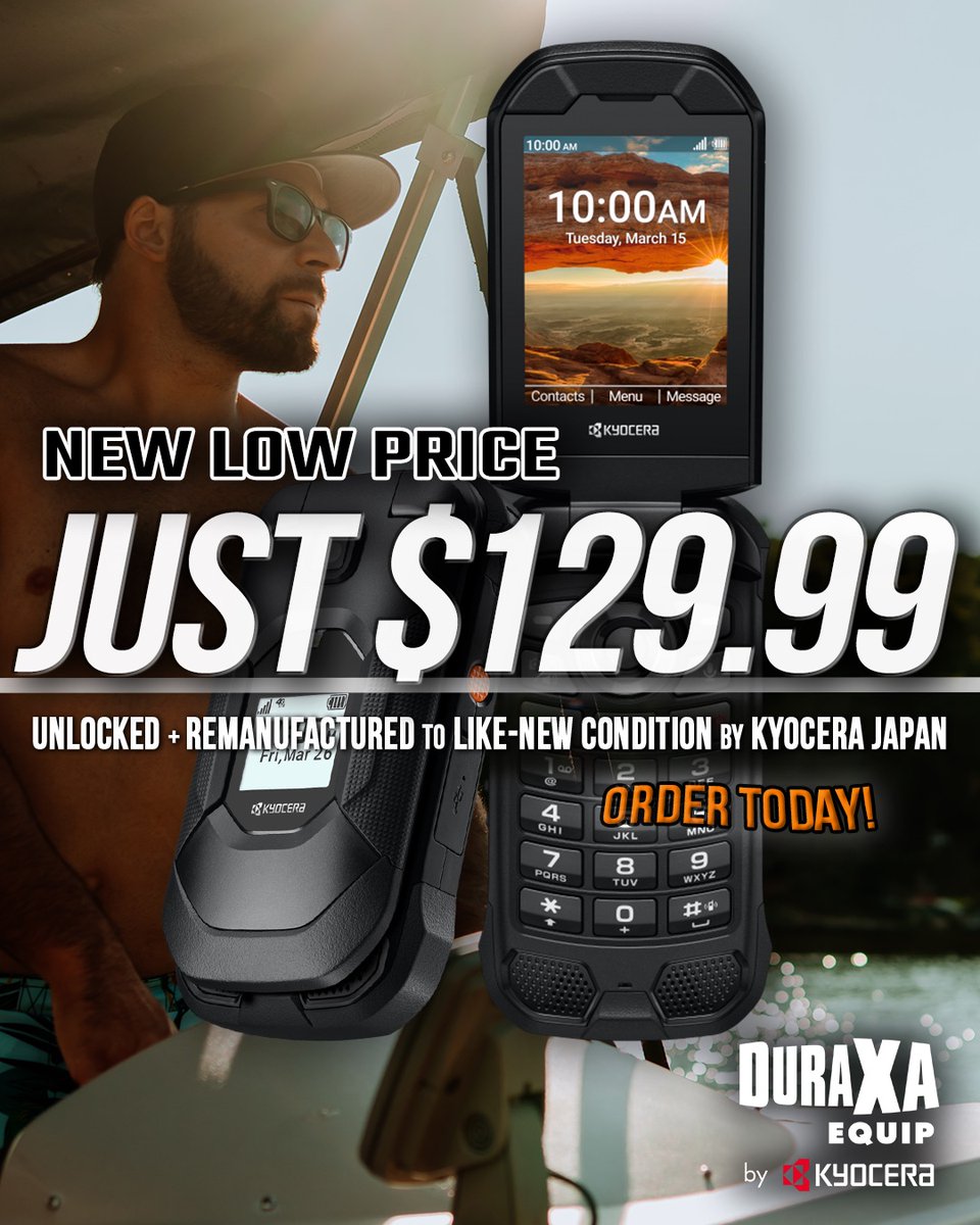 The greatest summers weren’t spent on an app 🚤☀️
 
DuraXA Equip Unlocked¹ Remanufactured to Like-New Condition by KYOCERA JAPAN; limited inventory available at JUST $129.99.
 
Great for:
→ Boat days on the lake, dirt biking, mudding, &amp; tent camping
→ Texting, calling, &amp;