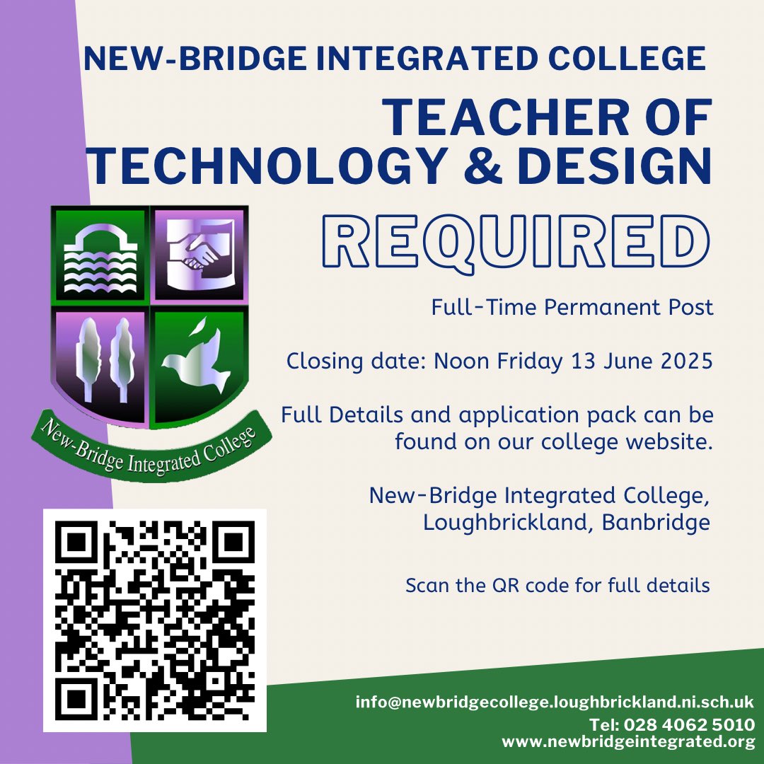 Teacher of Technology and Design

5-day Permanent Post

(Closing Date: Noon Friday 13 June 2025 

Interview Date: Week beginning 16 June 2025)

newbridgeintegrated.org/current-vacanc…

#jointheteam