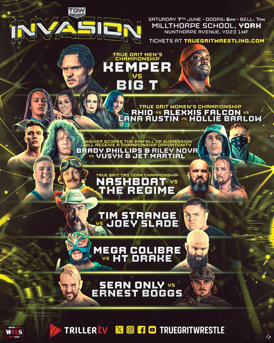 🚨FULL CARD🚨

📅 Saturday, 7th June
⏰ 6pm doors | 7pm bell time
🏠 Millthorpe School, York

🎟️ 
truegritwrestling.com/events/true-gr…

Full card for Invasion this Saturday! Limited tickets still available! 

🔥🔥🔥