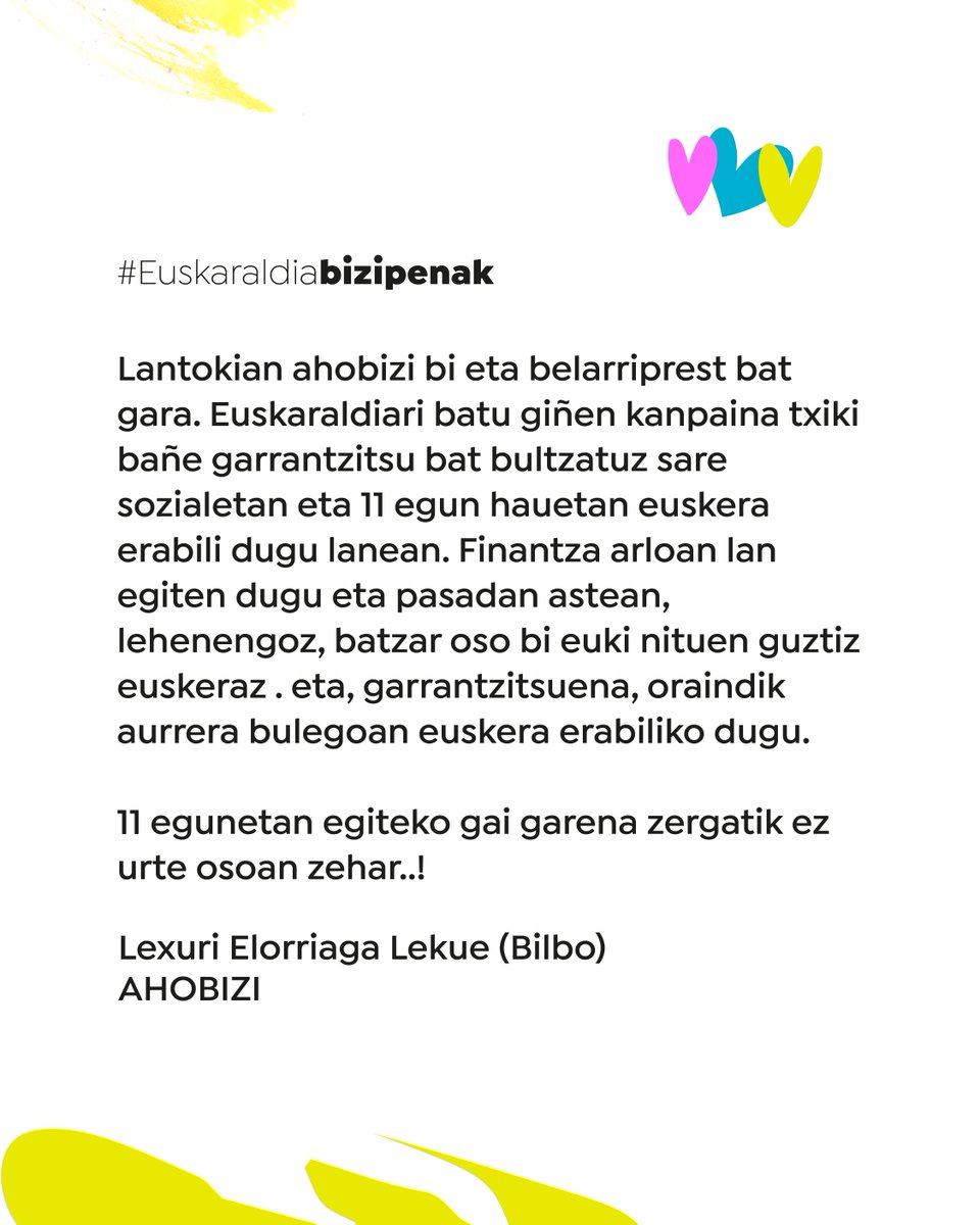 Gure bihotzaren taupadak euskaraz jo dute! 💜🩵💛

Zuk nola bizi izan duzu Euskaraldia? Hona hemen bizipen batzuk👇

📌 Zurea partekatu edo besteenak irakurtzeko: euskaraldia.eus/bizipenak/ 

#EuskaraldiaBizipenak