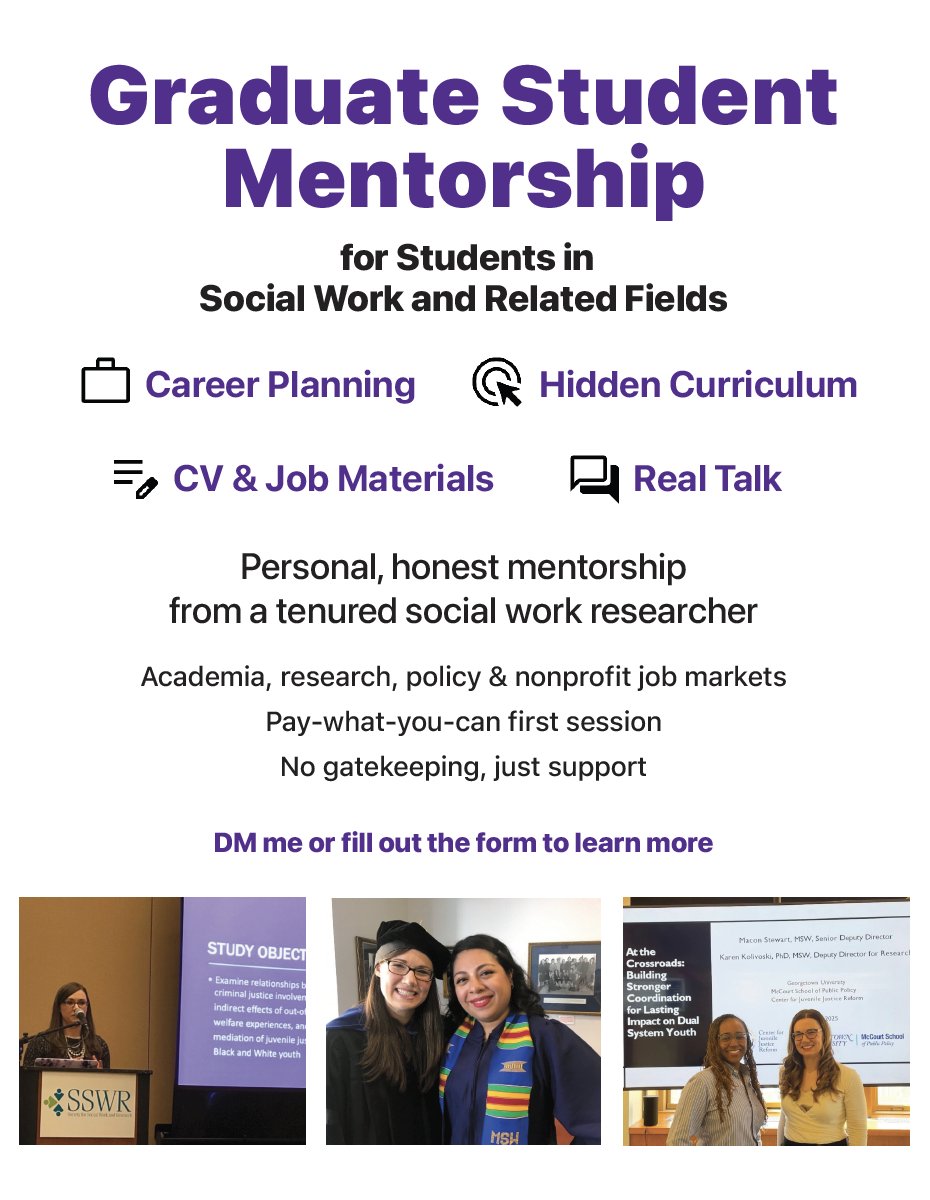 PhD student in social work (or a related field) and craving real mentorship?

This summer, I’m offering a few pay-what-you-can spots.

🧭 Job market help
📄 CVs &amp; apps
🎓 Hidden curriculum
💡 Values-based decisions
MSW/master’s students welcome, too! 

tinyurl.com/mentorkaren