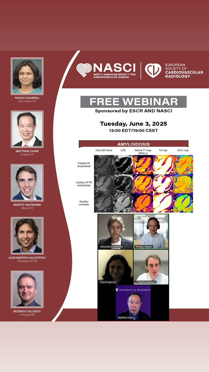 Carlotta Onnis (@carlottaonnis) on Twitter photo Thank you <a href="/NASCISociety/">NASCI</a> and <a href="/EscrOffice/">ESCR Vienna</a> for today's insightful webinar focused on amyloidosis! A thorough review of the good, the bad, and the ugly of the imaging of this disease 🫀
Don't miss the next free webinars sponsored by #NASCI and #ESCR
#whyCMR Thank you <a href="/NASCISociety/">NASCI</a> and <a href="/EscrOffice/">ESCR Vienna</a> for today's insightful webinar focused on amyloidosis! A thorough review of the good, the bad, and the ugly of the imaging of this disease 🫀
Don't miss the next free webinars sponsored by #NASCI and #ESCR
#whyCMR