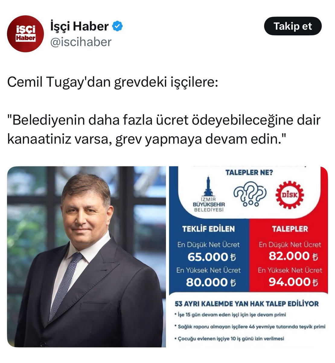 İşçileri hedef alıp, Ekrem İmamoğlu’nun sağ kolu olan CHP’li Cemil Tugay’a destek veren İşçi Haber isimli X hesabının Enerji İş Sendikası Başkanı Mahmud ALTUNSOY tarafından kullanıldığı öğrenildi.
Altunsoy’un Yeniden Refah Partisi’nin de kurucularından olduğu öğrenildi.