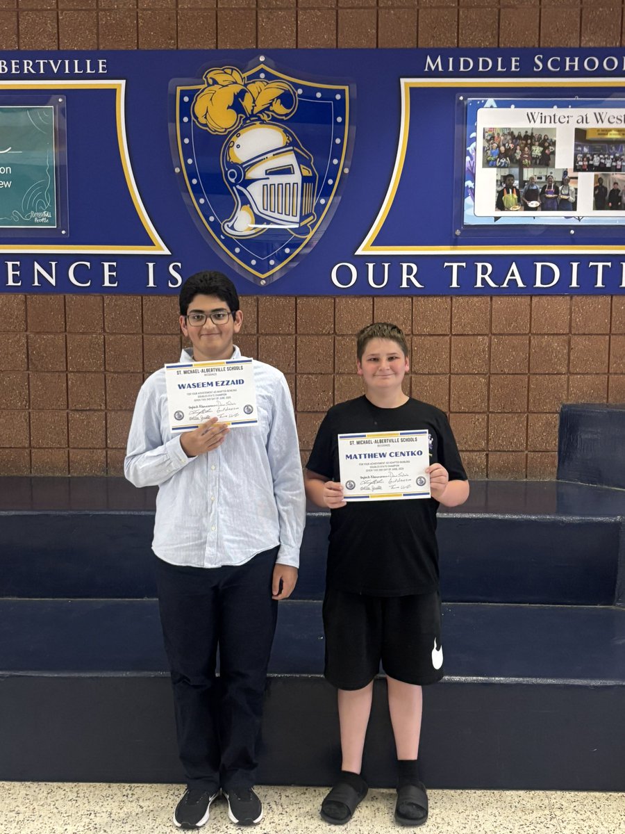 Congratulations to Waseem Ezzaid and Matthew Centko who were recognized at a recent school board meeting as STATE DOUBLES CHAMPS in the 2025 State Adapted Bowling Competition. Way to go, Matthew and Waseem! We are so proud of you!! #knightspride #WeAreSTMA