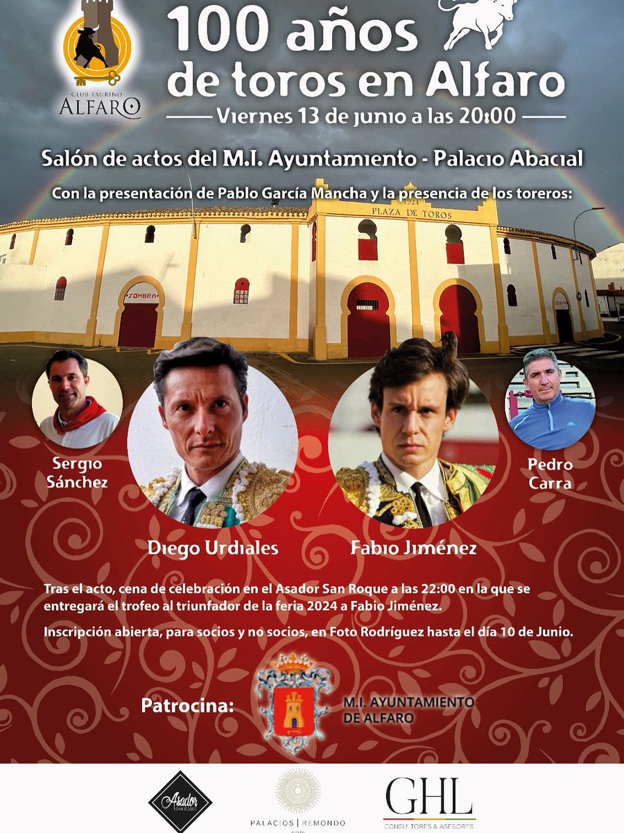 Club taurino Alfaro (@alfarotaurino) on Twitter photo El 13 de Junio a las 20:00 ven al <a href="/AytoAlfaro/">Ayuntamiento Alfaro</a> a celebrar con nosotros el 100 aniversario de la Plaza de Toros de Alfaro con Pedro Carra, Sergio Sánchez, <a href="/urdialesweb/">Diego Urdiales</a> y Fabio Jiménez El 13 de Junio a las 20:00 ven al <a href="/AytoAlfaro/">Ayuntamiento Alfaro</a> a celebrar con nosotros el 100 aniversario de la Plaza de Toros de Alfaro con Pedro Carra, Sergio Sánchez, <a href="/urdialesweb/">Diego Urdiales</a> y Fabio Jiménez