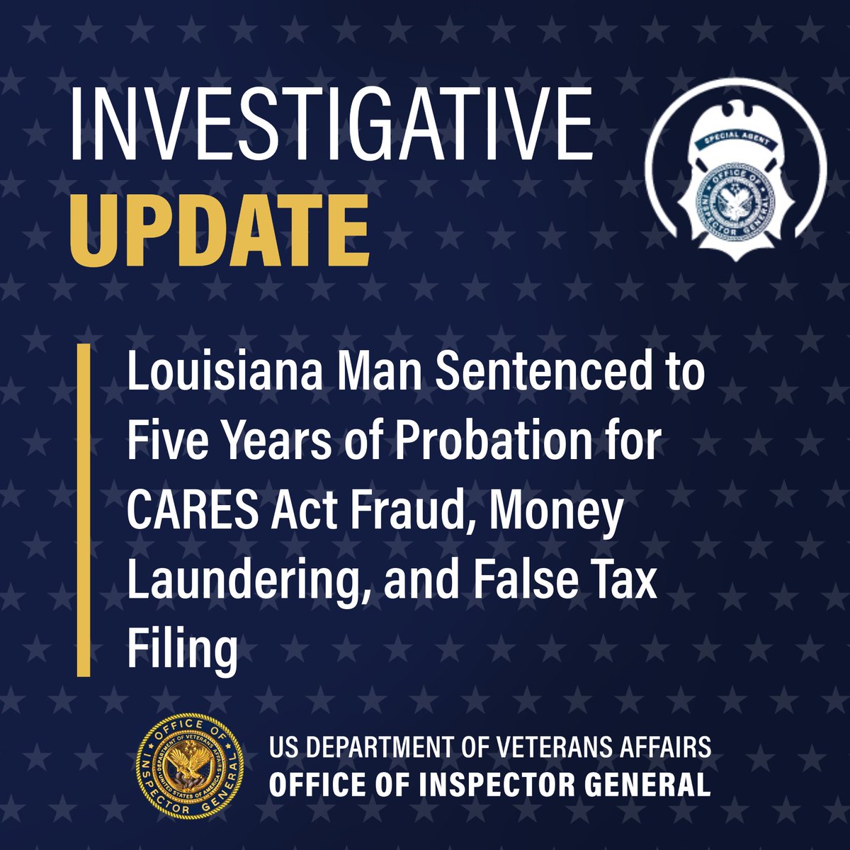 A Louisiana man is serving probation and community service as part of a penalty for making false statements, stealing government funds, and money laundering. He is also paying more than $750K in restitution. The VA OIG, as part of the Pandemic Response Accountability Committee