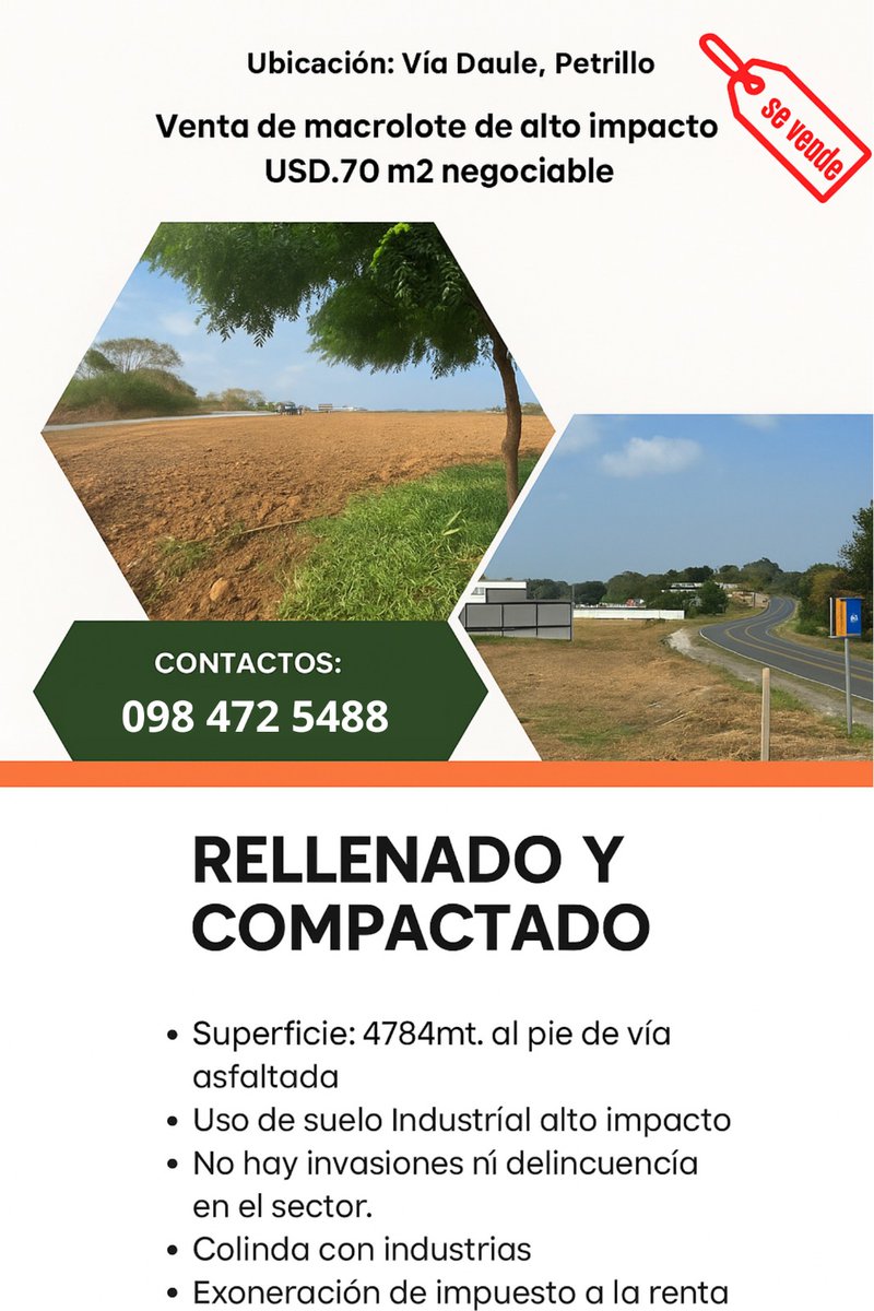 📢 ¡Terreno industrial en venta!
📍 Vía Daule – Petrillo
🔸 4.784 m² listos para construir
🔸 Uso industrial alto impacto
🔸 USD 70/m² negociable
Zona segura, con beneficios tributarios.
📞 0984725488 
#Inversión #TerrenoIndustrial #Guayas #Petrillo #Ecuador