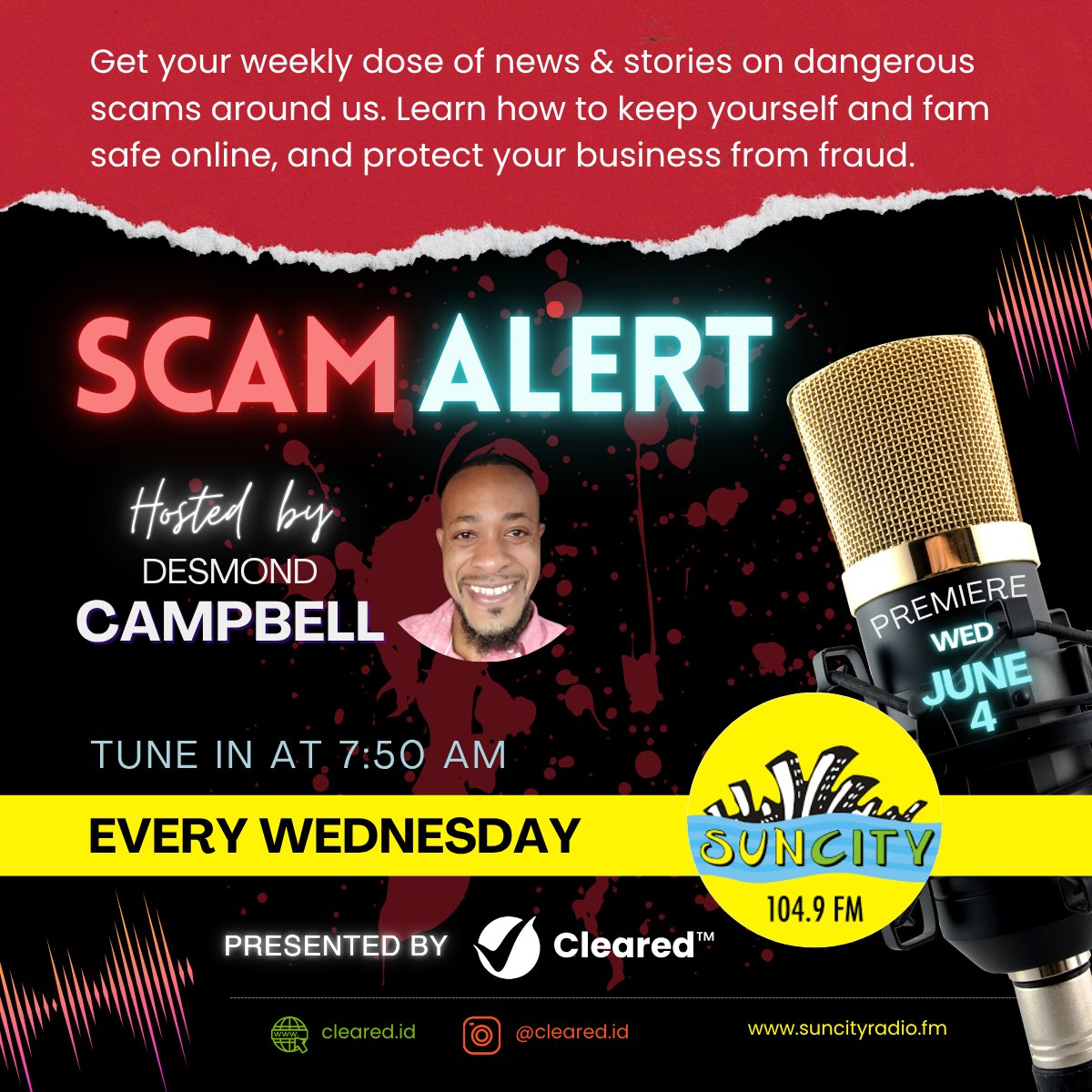 #ScamAlert We've teamed up with <a href="/suncity104_9fm/">suncity104_9fm</a> to launch a brand new radio series hosted by our MD, Desmond Campbell. We'll be bringing you real stories, news, and tips to help you spot scams and stay protected. Tune in every Wednesday, beginning June 4 at 7:50 AM on SunCity