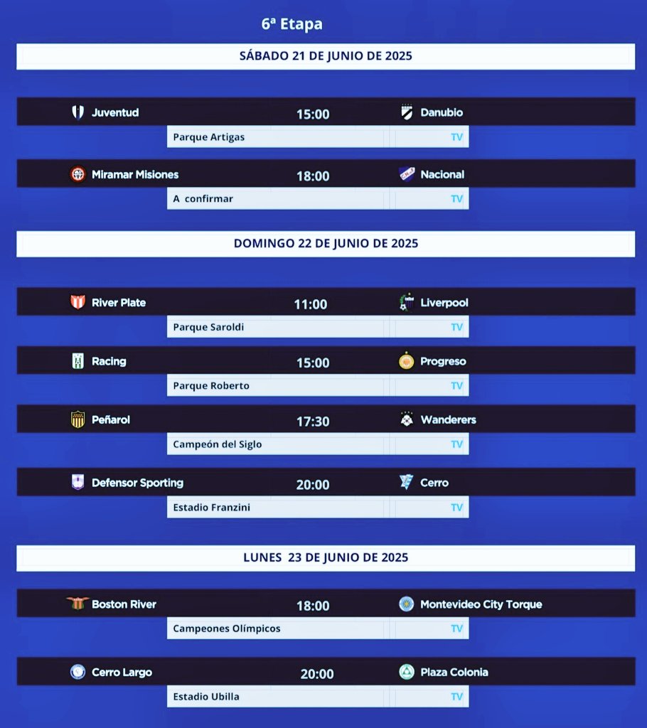 La Web Deportiva Uruguaya (@bachsmartin) on Twitter photo AGENDATELO !!
ASÍ SIGUE EL URUGUAYO.
Se fijaron las fechas 3️⃣ 4️⃣ 5️⃣ y 6️⃣ del Intermedio 2025 de la <a href="/LigaAUF/">Liga AUF Uruguaya</a> AGENDATELO !!
ASÍ SIGUE EL URUGUAYO.
Se fijaron las fechas 3️⃣ 4️⃣ 5️⃣ y 6️⃣ del Intermedio 2025 de la <a href="/LigaAUF/">Liga AUF Uruguaya</a>