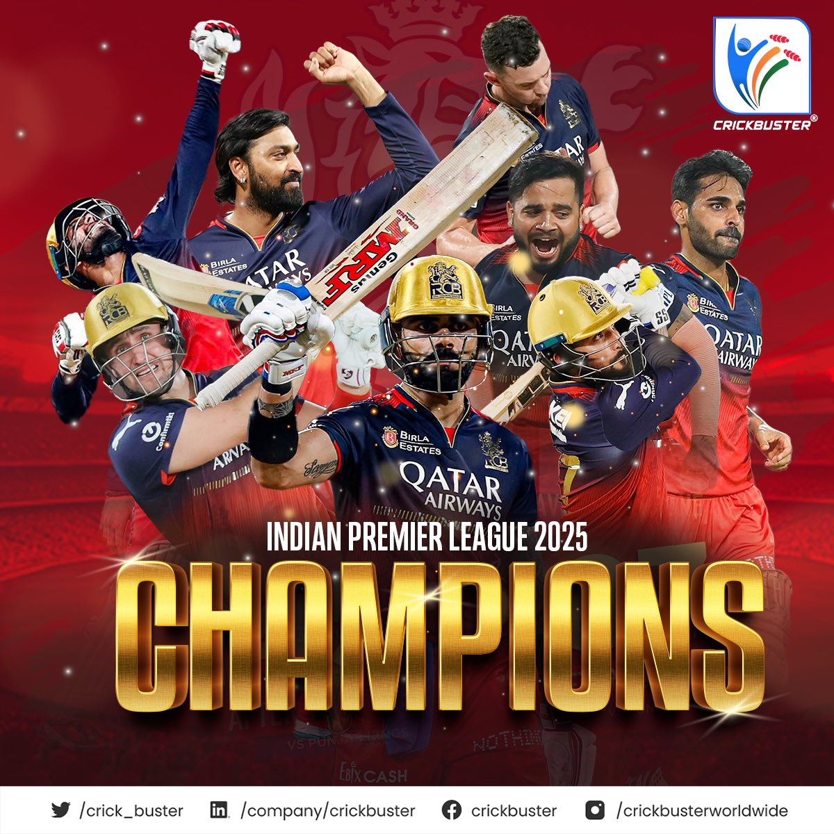 Crick_buster's tweet photo. THE WAIT IS OVER! ๐๐
The Royal Challengers Bengaluru have claimed their first #TATAIPL2025 Title! โค๏ธ
@RCBTweets | #RCBvsPBKS | #Finals| #Crickbuster https://t.co/I6GaCqGxI9