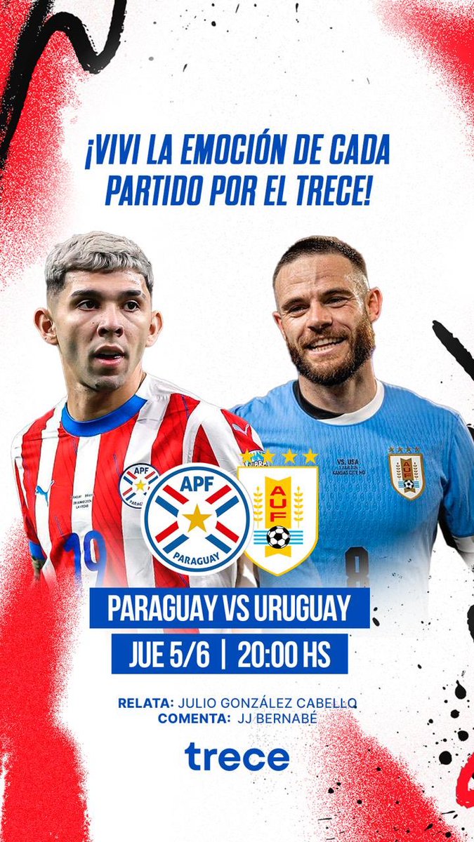 ⚽️📺 Además de <a href="/Unicanal/">Unicanal</a> y GEN, el <a href="/trecepy/">TRECE</a> también transmitirá el juego de la #Albirroja 🇵🇾 ante Uruguay por #Eliminatorias2026.

🎙️ <a href="/JulioGcavello/">Julio Gonzalez</a> y <a href="/JotaJotaBernabe/">J.J. Bernabé</a> 

⚠️ Transmisión exclusiva para territorio paraguayo.