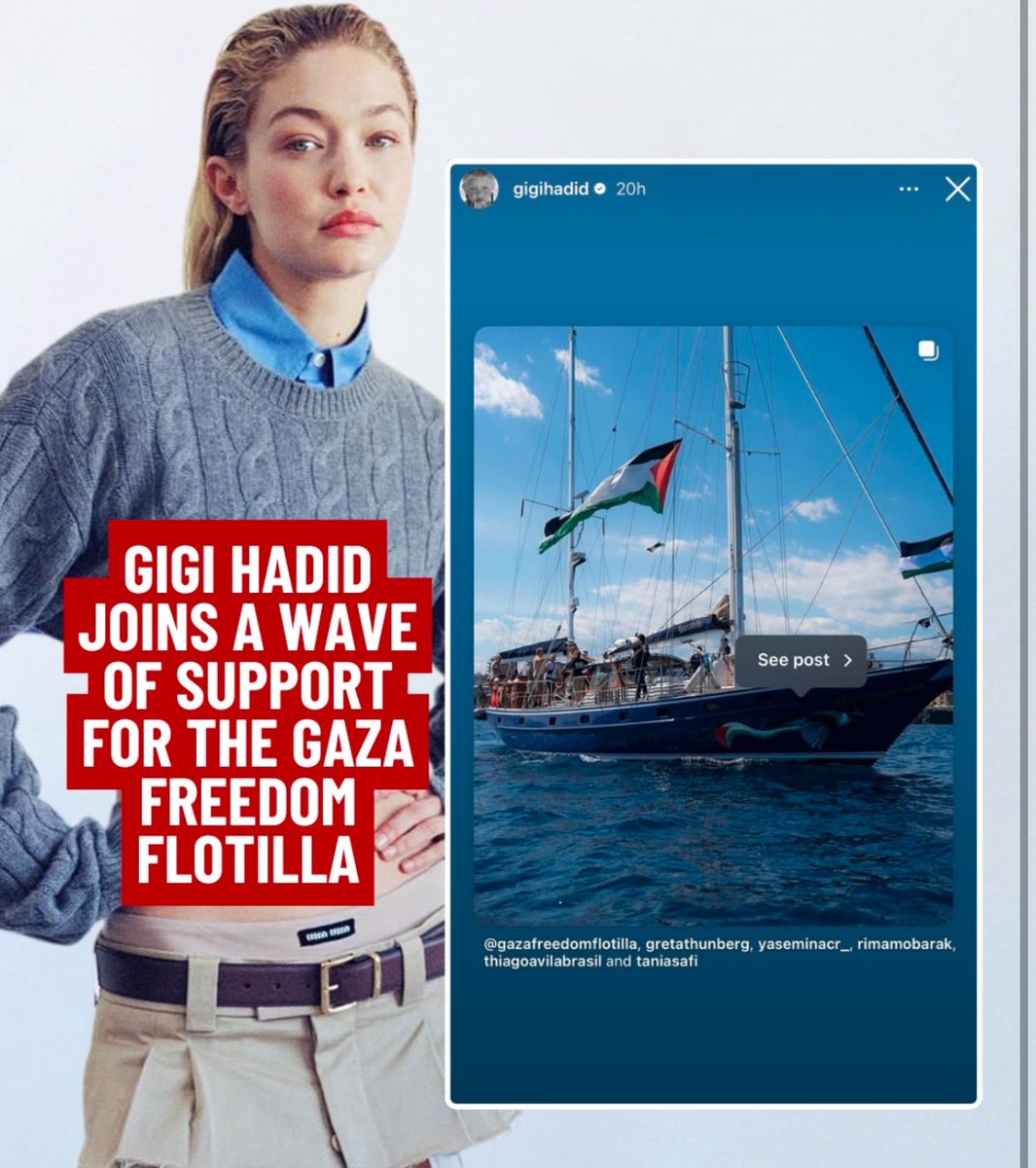 Gigi Hadid apporte son soutien à la flottille de la liberté 🇵🇸⛵️ #FreedomFlotilla #Gaza