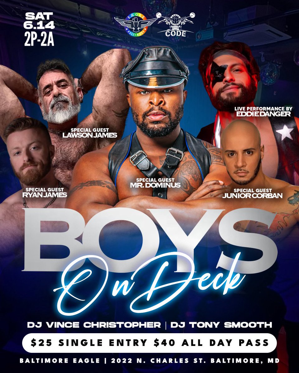 💪 SATURDAY, JUNE 14 – 12 HOURS OF PRIDE!
2PM–2AM | 4 rooms, 2 patios, drag shows, DJs, leather shop, go-go boys &amp; more!
🔥 BOYS ON DECK in CODE featuring Mr. Dominus, Lawson &amp; Ryan James, Junior Corban, Eddie Danger, DJs Vince Christopher &amp; Tony Smooth, and  Norm Hill
🎧 Tavern: