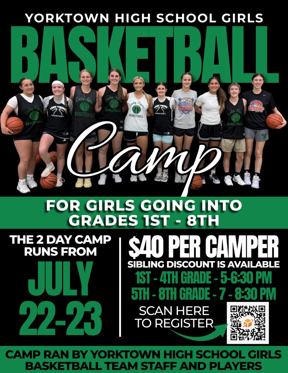 Yorktown Girls Basketball (@girlsyorktown) on Twitter photo 🏀GIRLS BASKETBALL CAMP ALERT! 🏀
Yorktown Lady Tigers are calling all hoopers entering 1st–8th grade!
📅 July 22–23 | 🐾 Skills, fun, and Tiger pride!
🎯 Only $40!
REGISTER NOW ⬇️
🔗 my.cheddarup.com/c/ygbb-summer-…
<a href="/YHSAthletics/">Yorktown Athletics</a> <a href="/ymsathletics/">YMS Athletics</a> <a href="/YESYorktown/">Yorktown Elementary</a> <a href="/OnwardTigers/">Onward Tigers</a> <a href="/YorktownHighSch/">Yorktown High School</a> 🏀GIRLS BASKETBALL CAMP ALERT! 🏀
Yorktown Lady Tigers are calling all hoopers entering 1st–8th grade!
📅 July 22–23 | 🐾 Skills, fun, and Tiger pride!
🎯 Only $40!
REGISTER NOW ⬇️
🔗 my.cheddarup.com/c/ygbb-summer-…
<a href="/YHSAthletics/">Yorktown Athletics</a> <a href="/ymsathletics/">YMS Athletics</a> <a href="/YESYorktown/">Yorktown Elementary</a> <a href="/OnwardTigers/">Onward Tigers</a> <a href="/YorktownHighSch/">Yorktown High School</a>