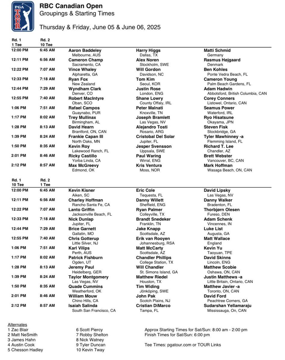 Groupings and starting times for the first and second rounds of the RBC Canadian Open